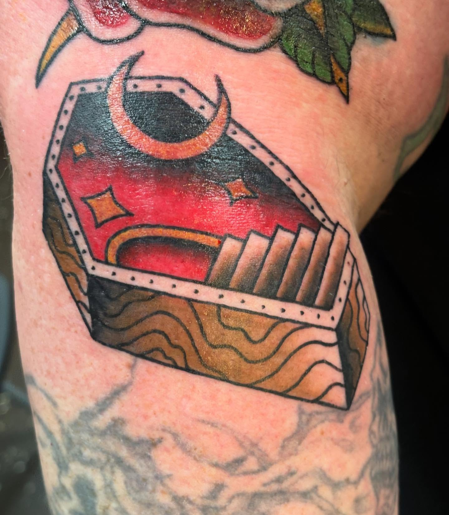 Wooden crate American traditional tattoo on the forearm by Natalie Opal🪻🍎🫖