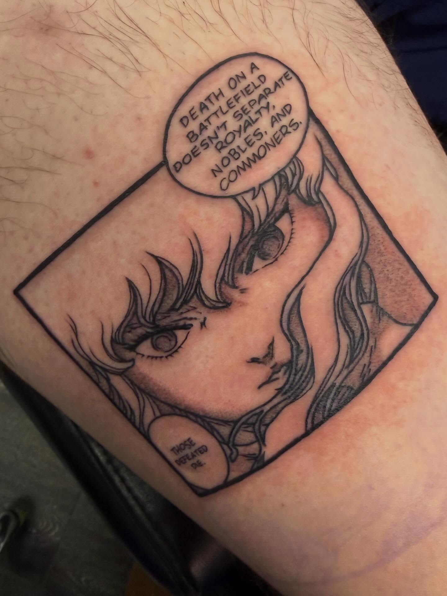 Battlefield quote black and grey tattoo on the thigh by Autumn Fulford