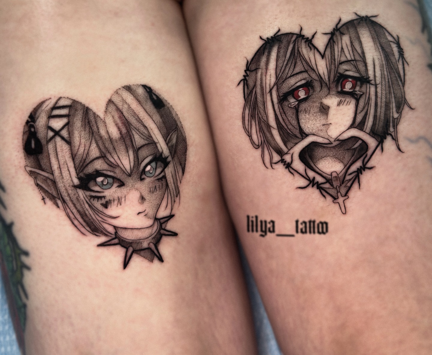 Tattoo by @lilya_tattoo — anime, black_and_grey