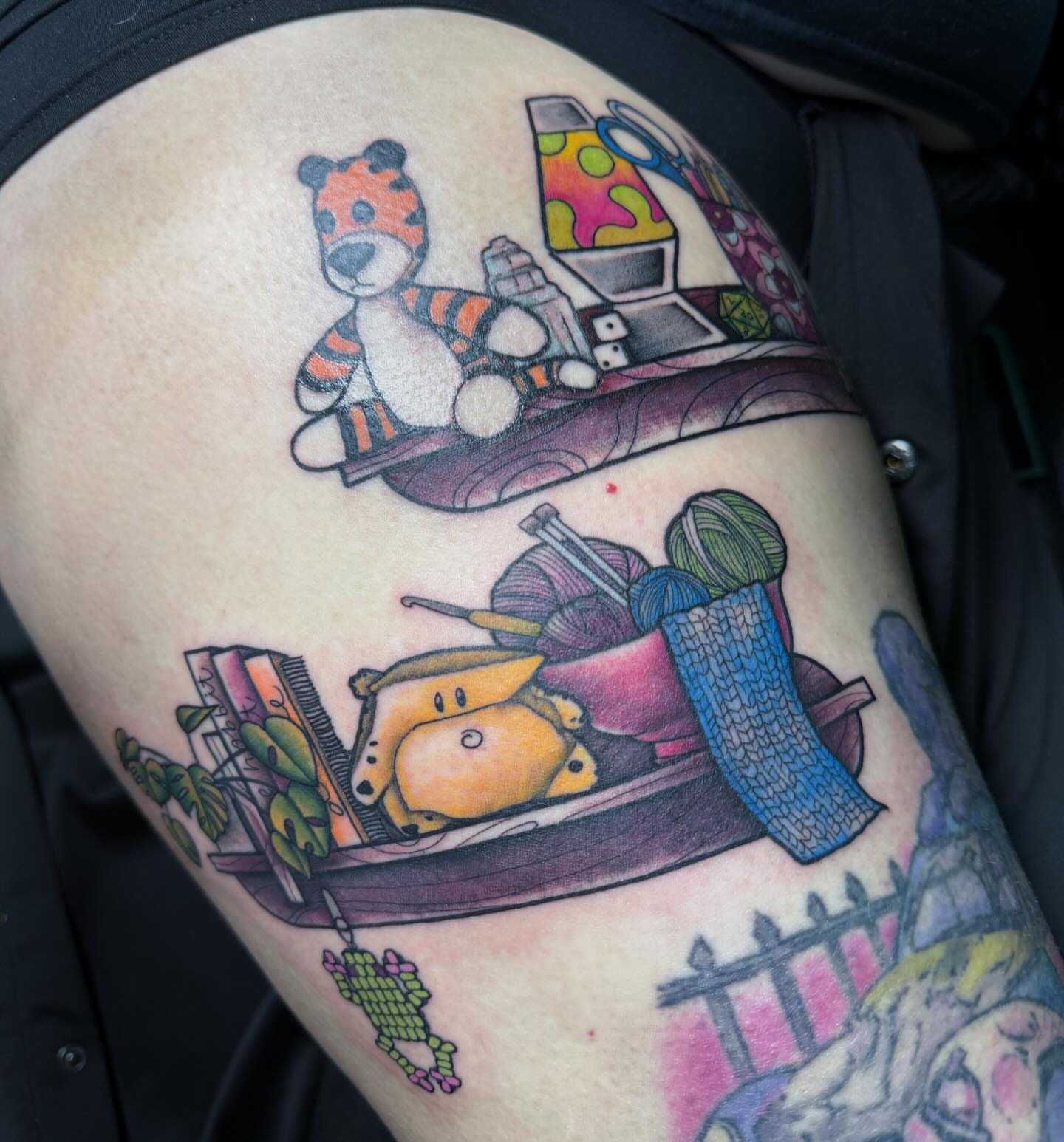Teddy bear and knitting American traditional tattoo on the thigh by rocky love