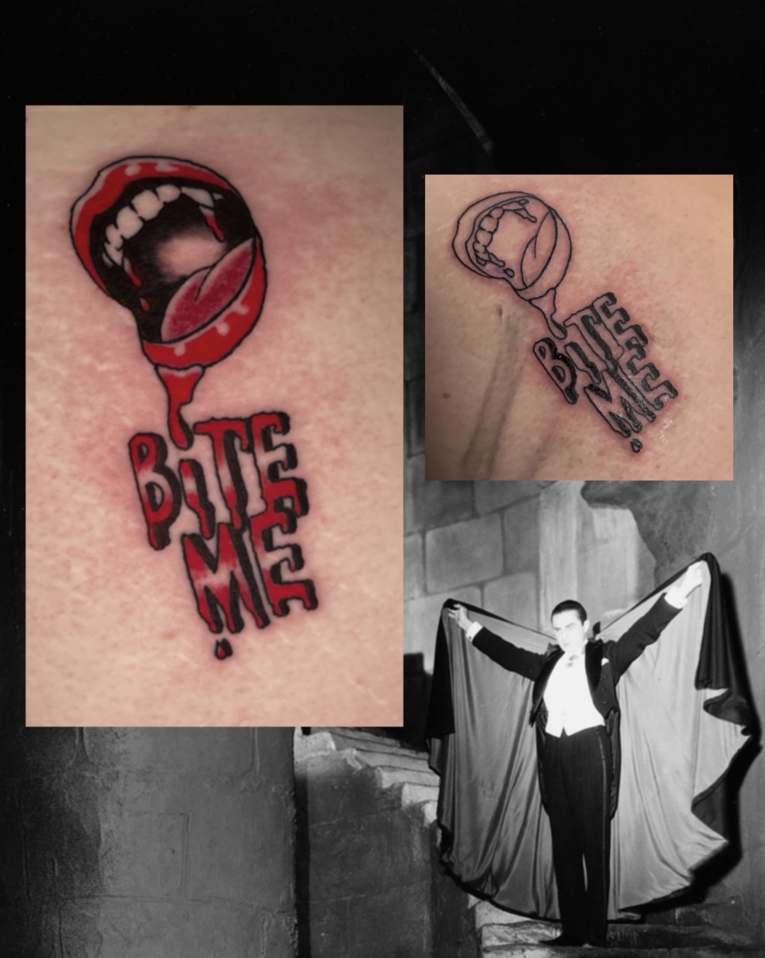 Bite me lettering script tattoo on the upper arm by Lilly Evans