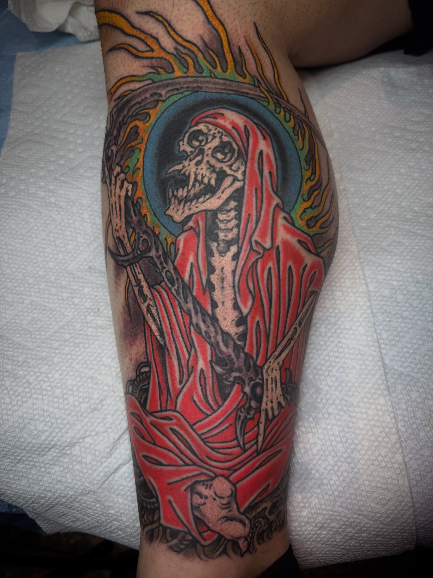 Grim reaper American traditional tattoo on the thigh by J Ranno, Richmond, Virginia