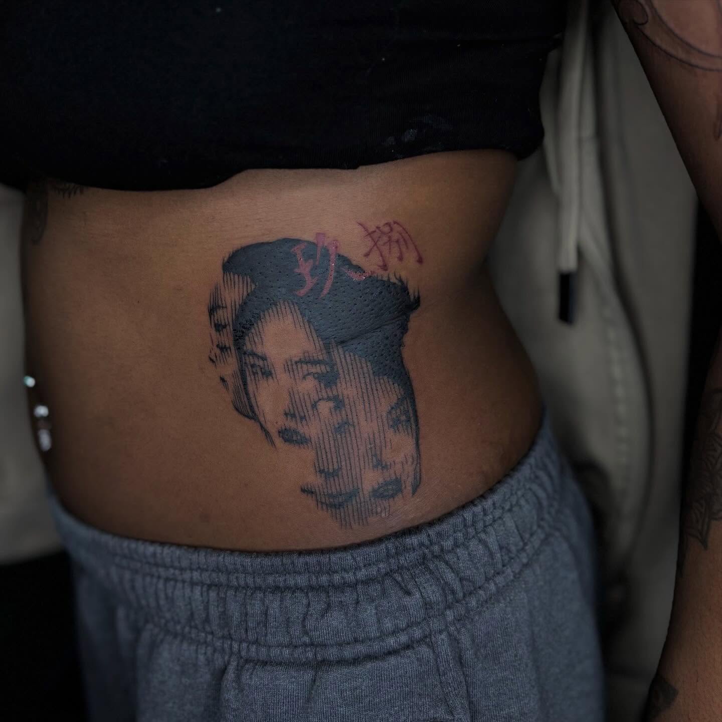 Portrait black and grey tattoo on the torso by ༺☆༻