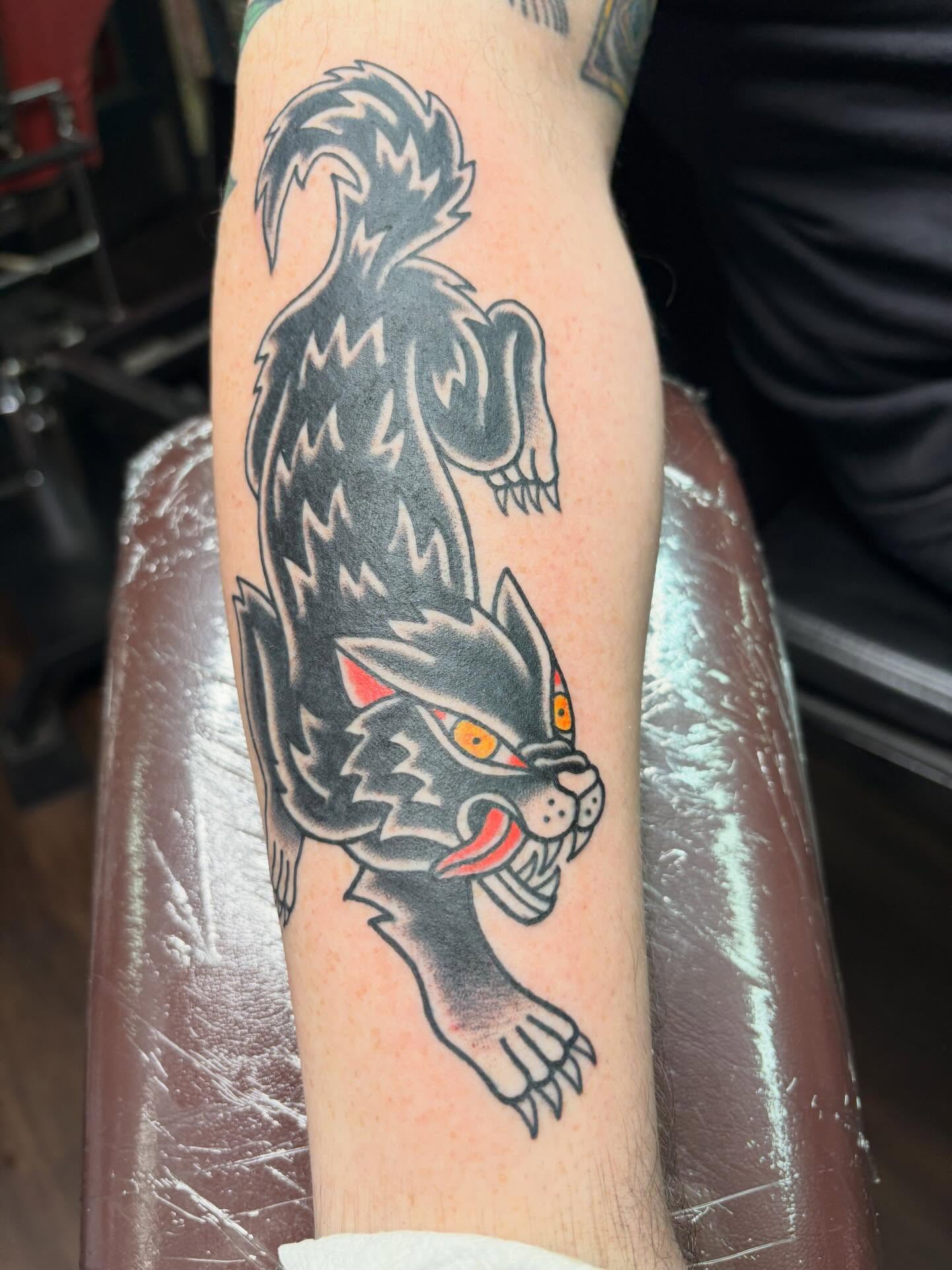 Panther American traditional tattoo on the forearm by ✨Shelby ✨