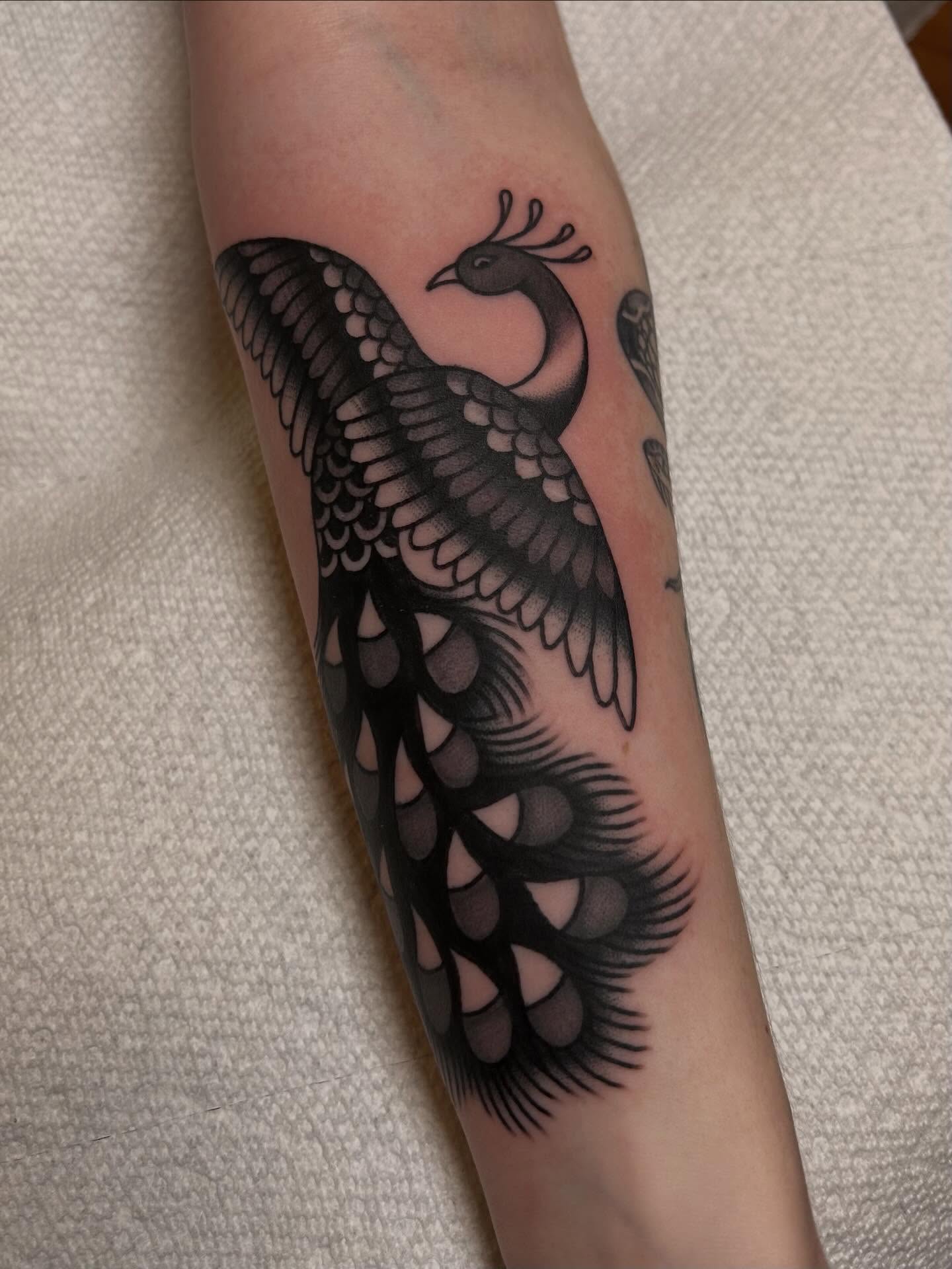 Peacock black and grey tattoo on the forearm by Christian Lasyone