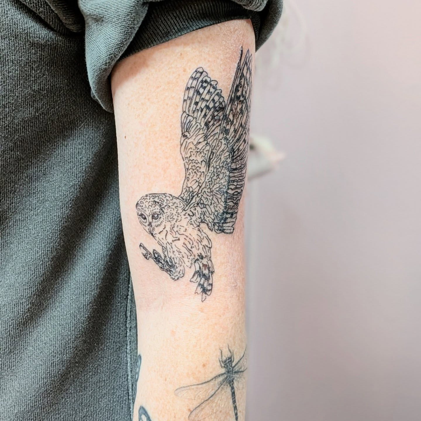 Owl realism tattoo on the forearm by Ryan