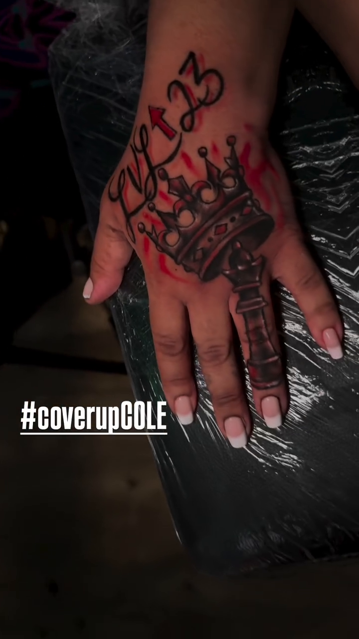 Crown with lettering on hand Chicano tattoo on the hand by ✨Cole✨, Cleveland Heights, Ohio