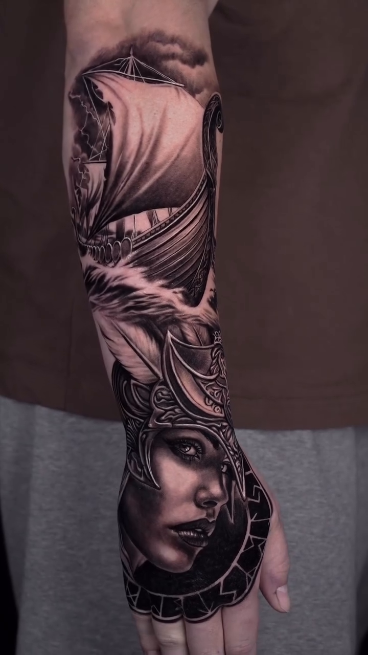 Viking ship and warrior realism tattoo by Lynn Hoang, Honolulu, Hawaii