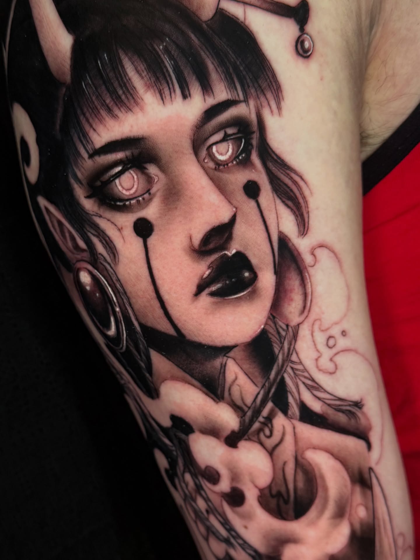 Woman with mechanical elements dark realism tattoo on the forearm by S C A B B e R W O C K y