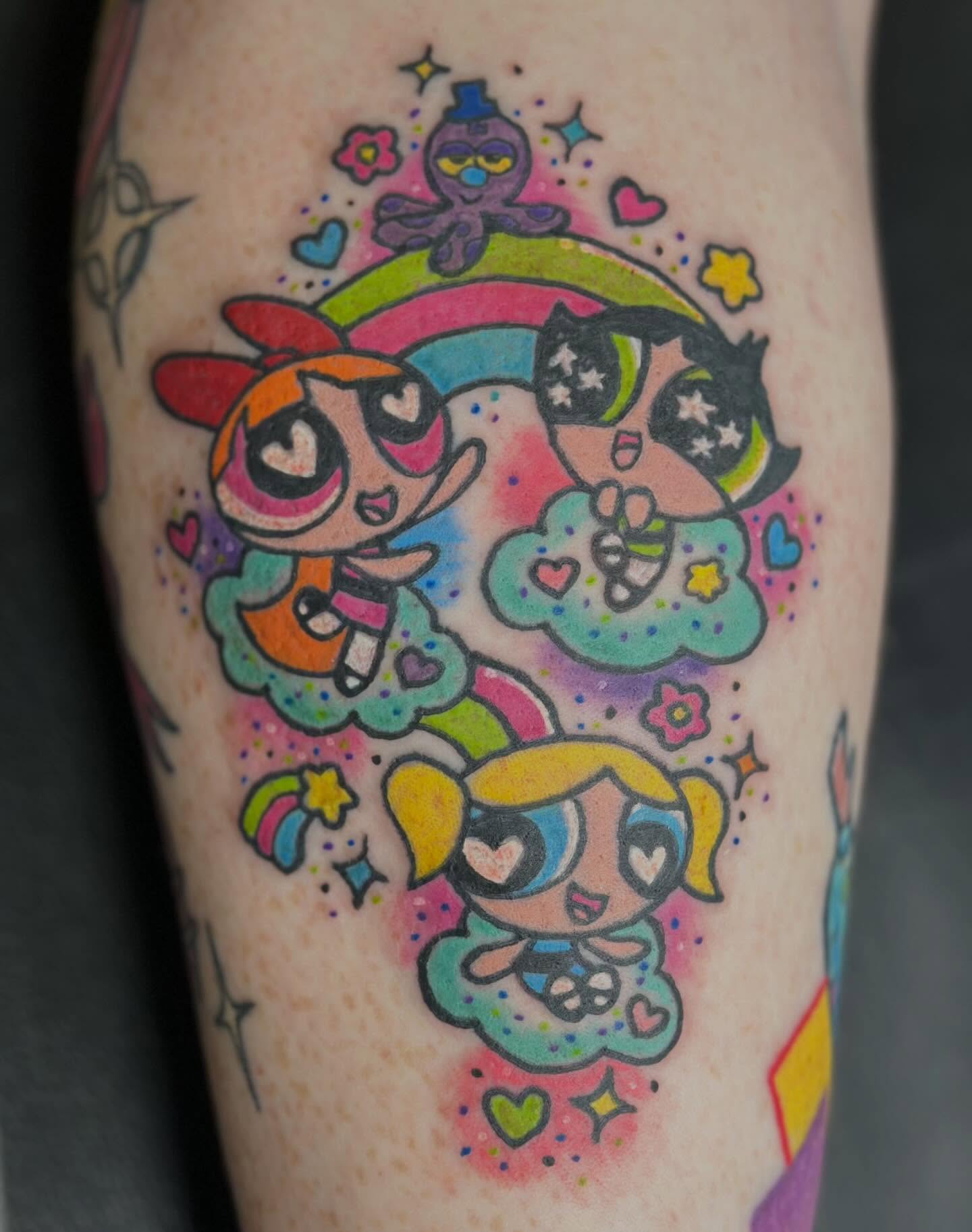 Powerpuff Girls dotwork tattoo on the forearm by Zen Forbes