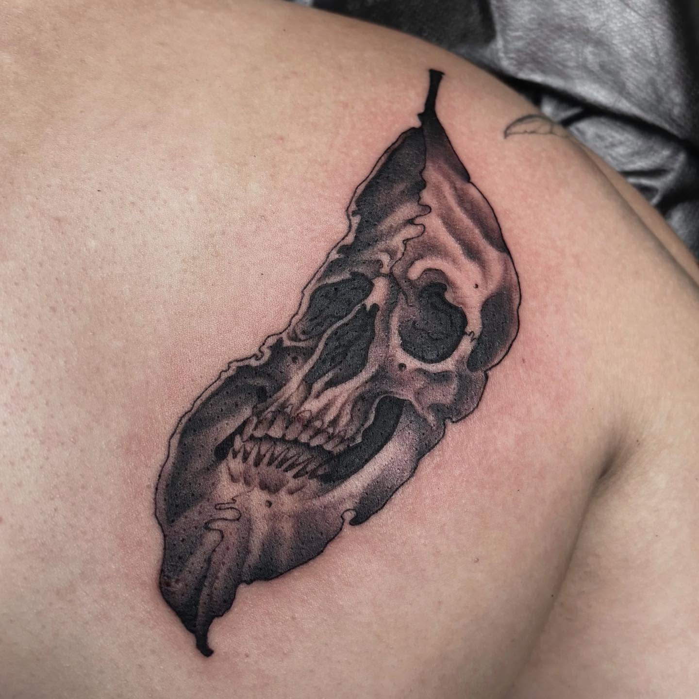 Skull black and grey tattoo on the shoulder by Tad Fulkerson, San Francisco, California