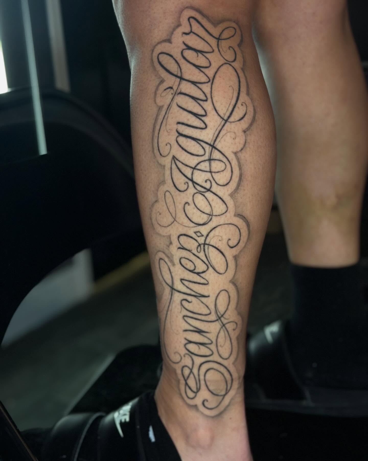 Script lettering lettering script tattoo on the calf by Dany