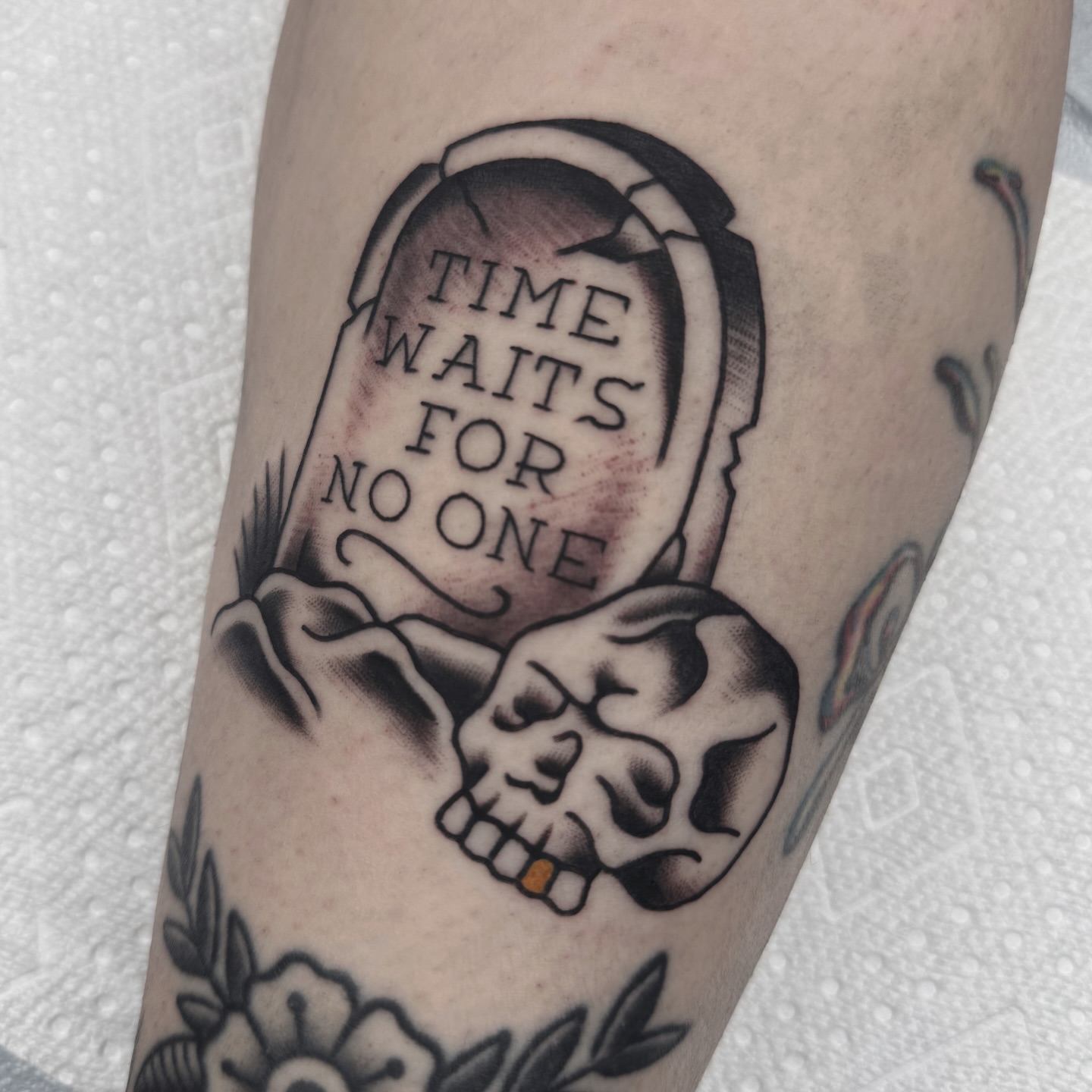 Time waits for no one black and grey tattoo on the forearm by Drew🕸️, Phoenix, Arizona