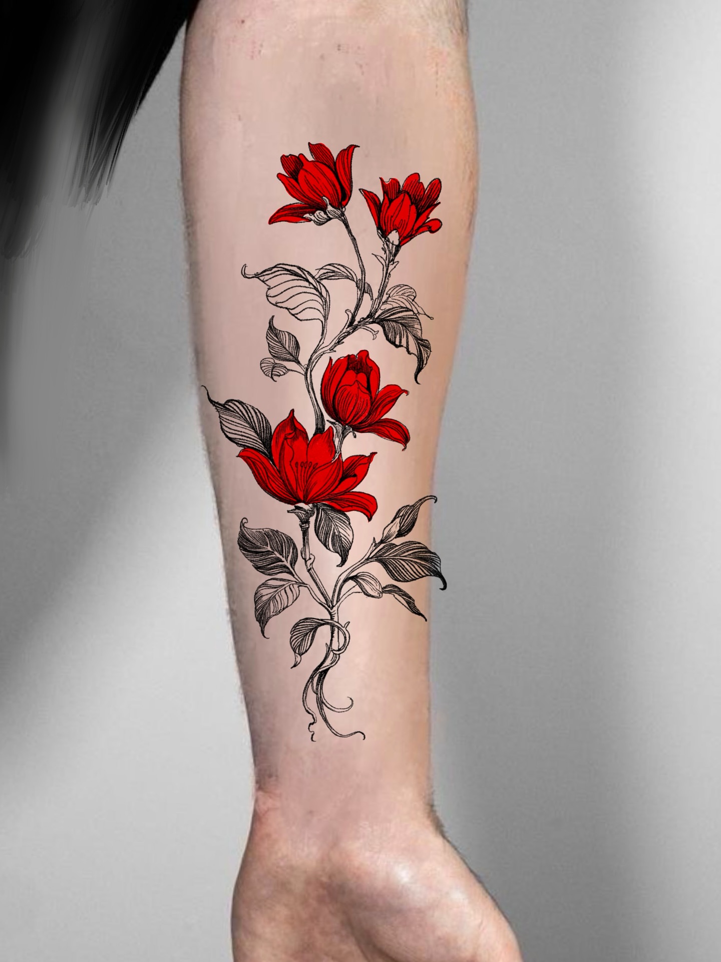 Red flowers black and grey tattoo on the calf by Brad Simmons