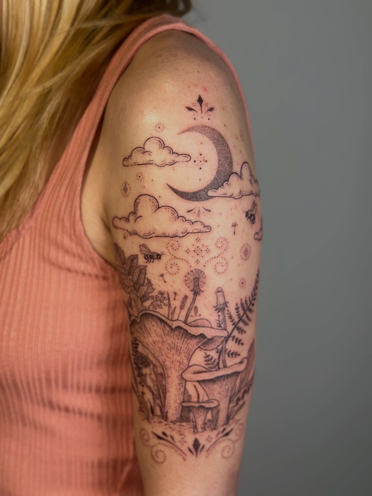 Moonlit forest dotwork tattoo on the upper arm by Santiago Don, Portland, Oregon
