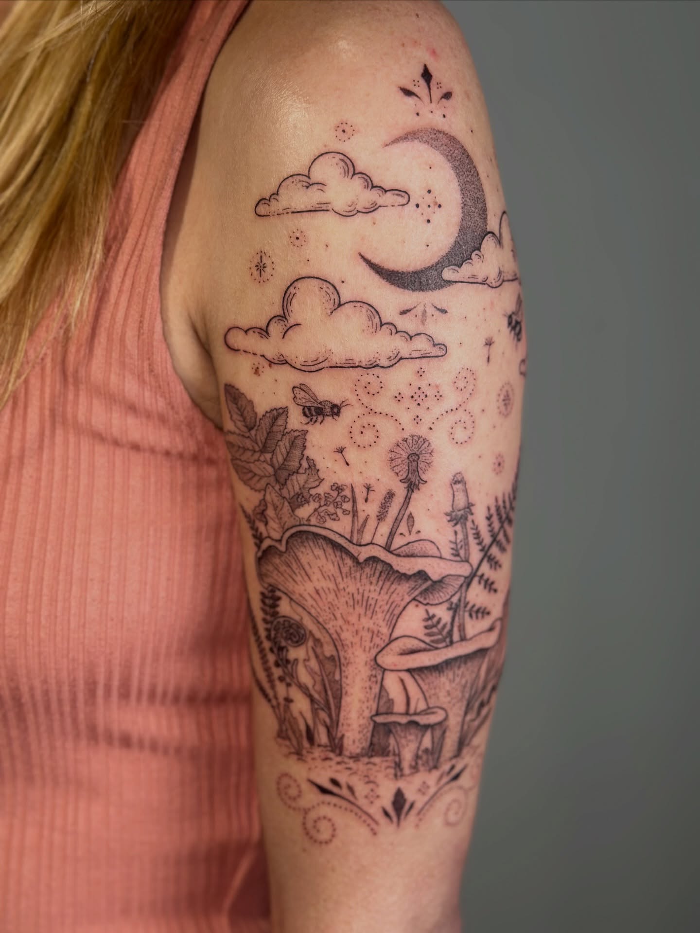 Moonlit forest dotwork tattoo on the upper arm by Santiago Don, Portland, Oregon