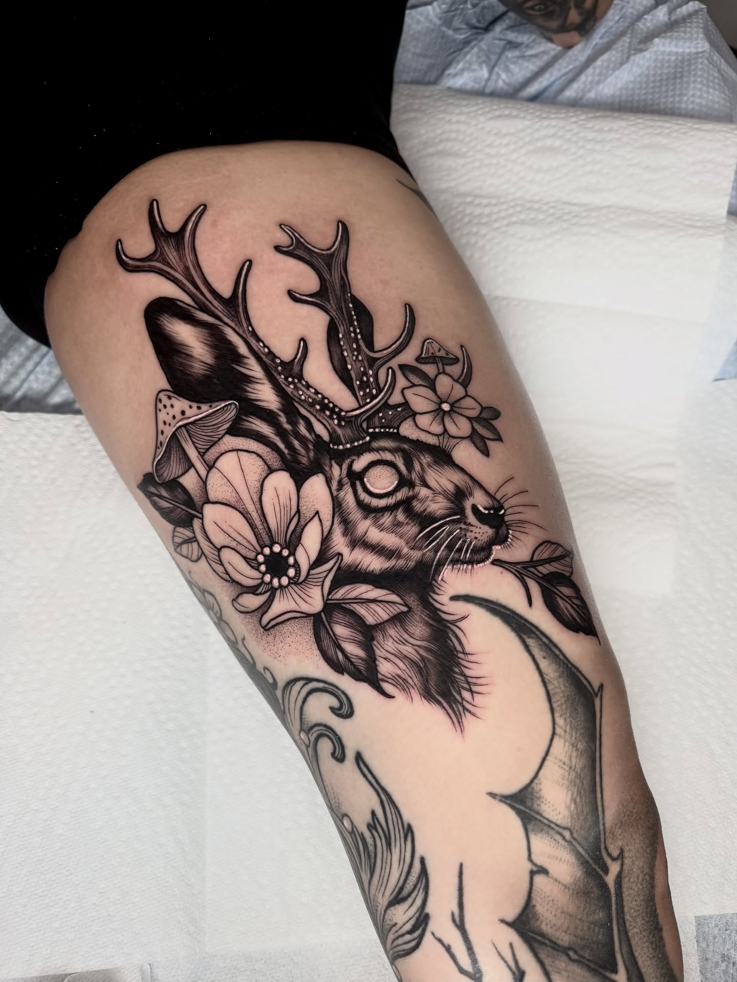 Deer with flowers realism tattoo on the thigh by ⚡️ Krissy Fabis ⚡️
