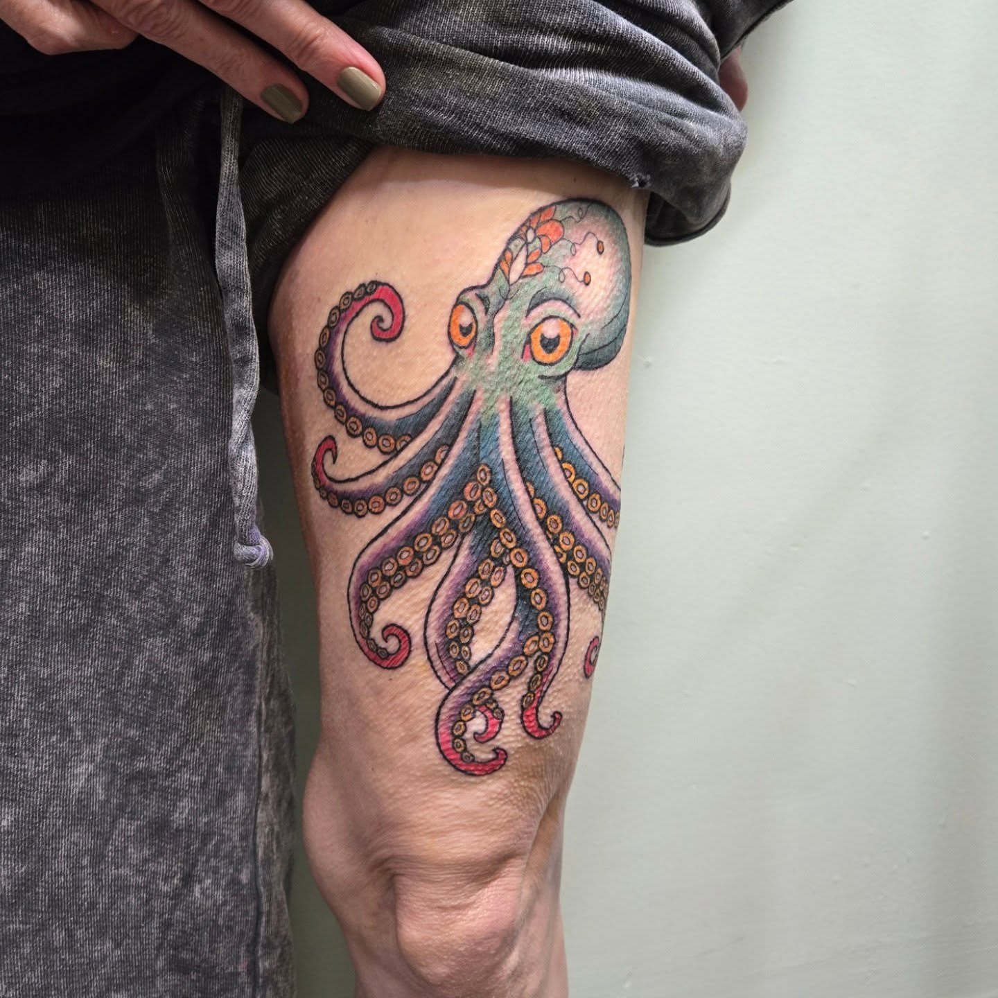 Octopus new school tattoo on the thigh by Matt Page