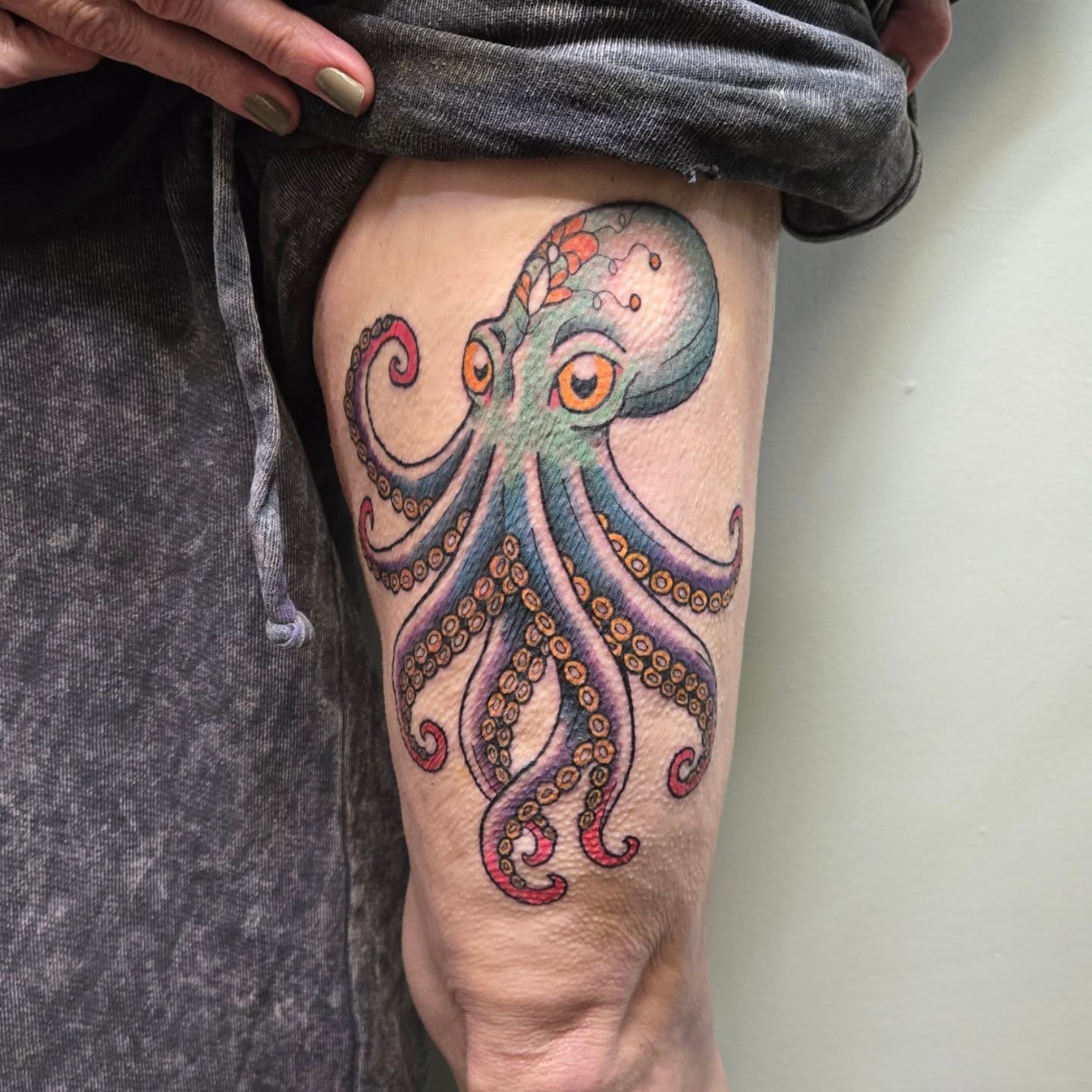 Octopus new school tattoo on the thigh by Matt Page