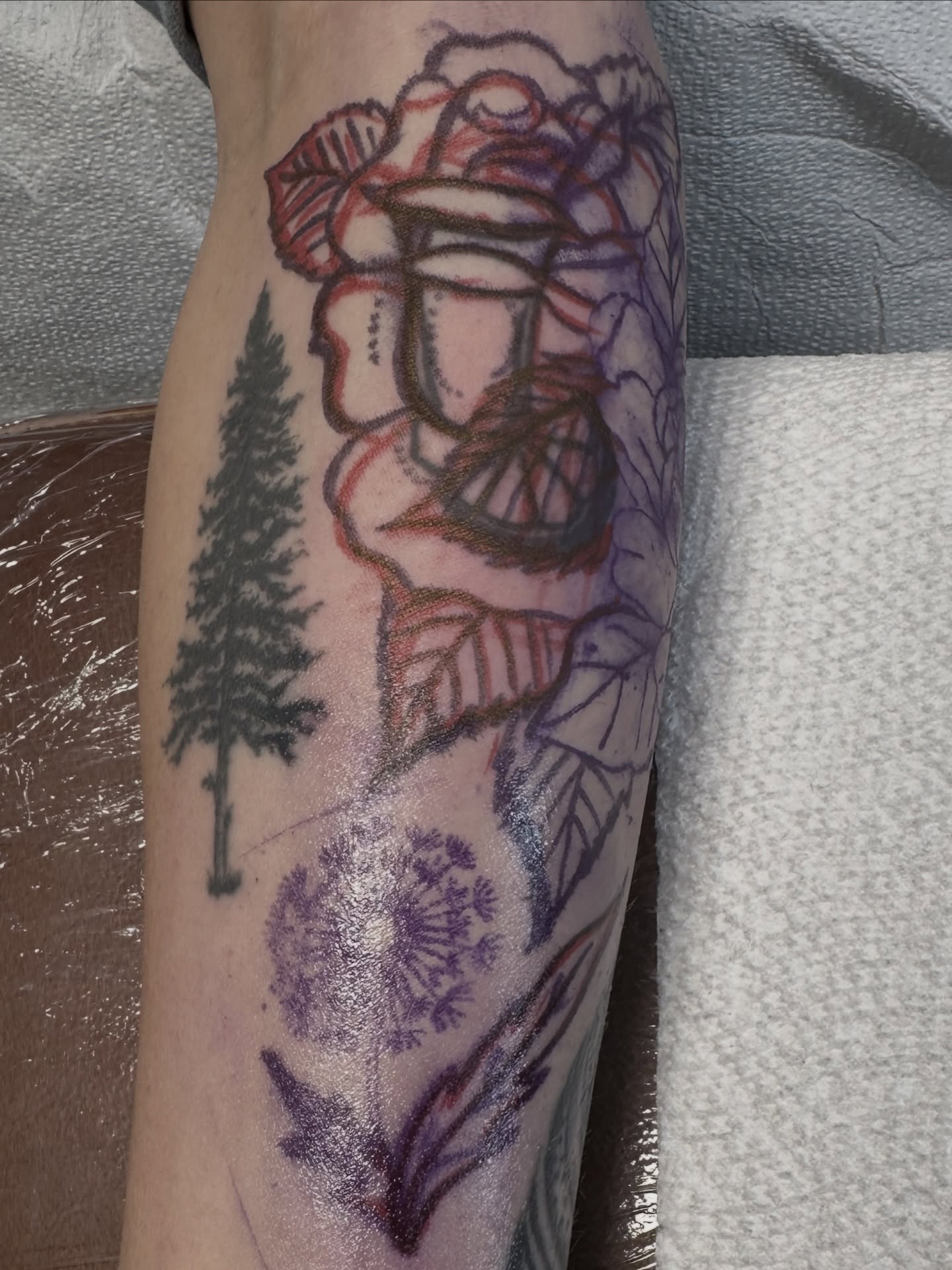 Rose and pine tree American traditional tattoo on the forearm by A.j. Lingerfeldt, Nashville, Tennessee