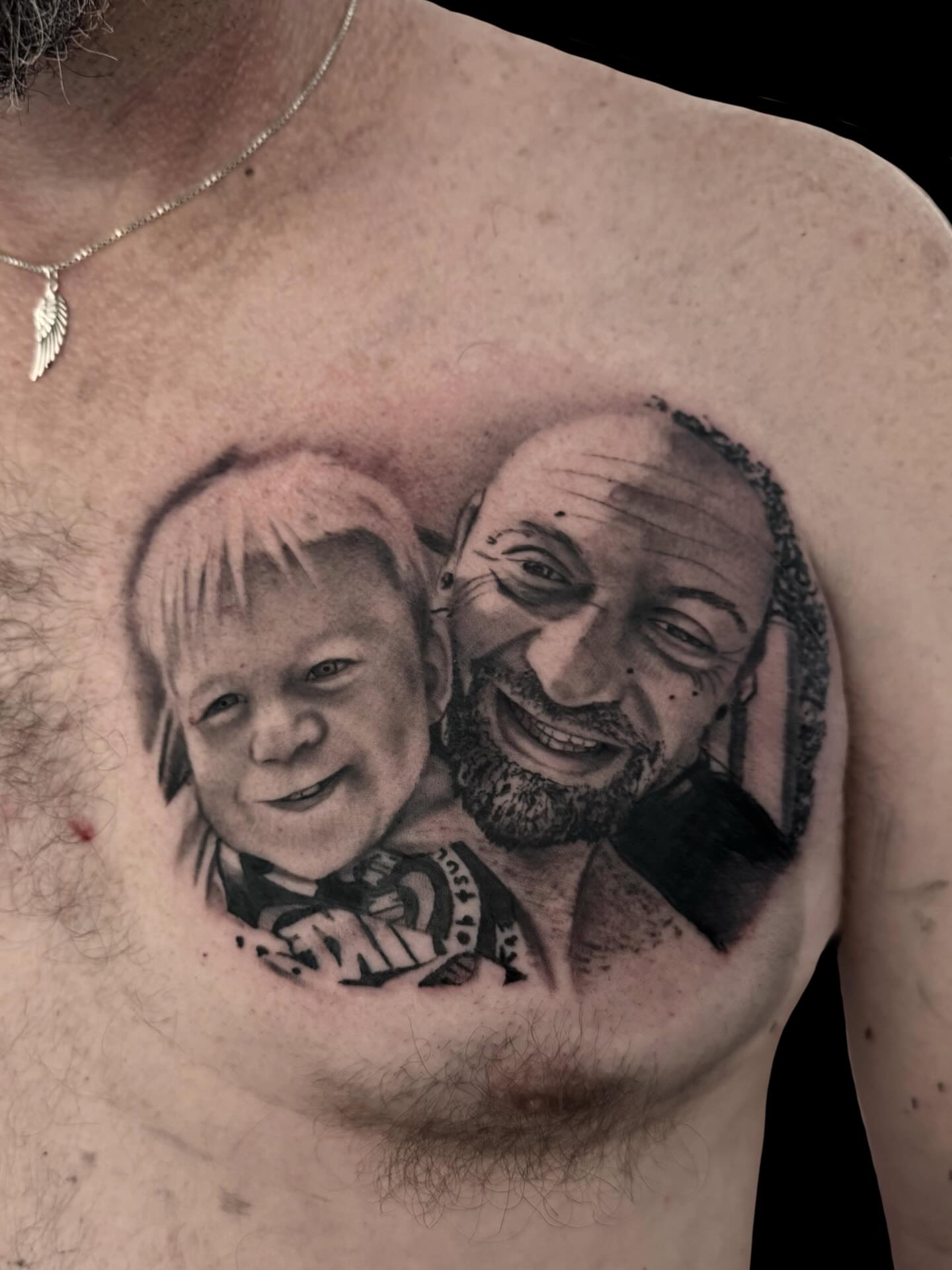 Portrait realism tattoo on the chest by Jen Bean, Richmond, Virginia