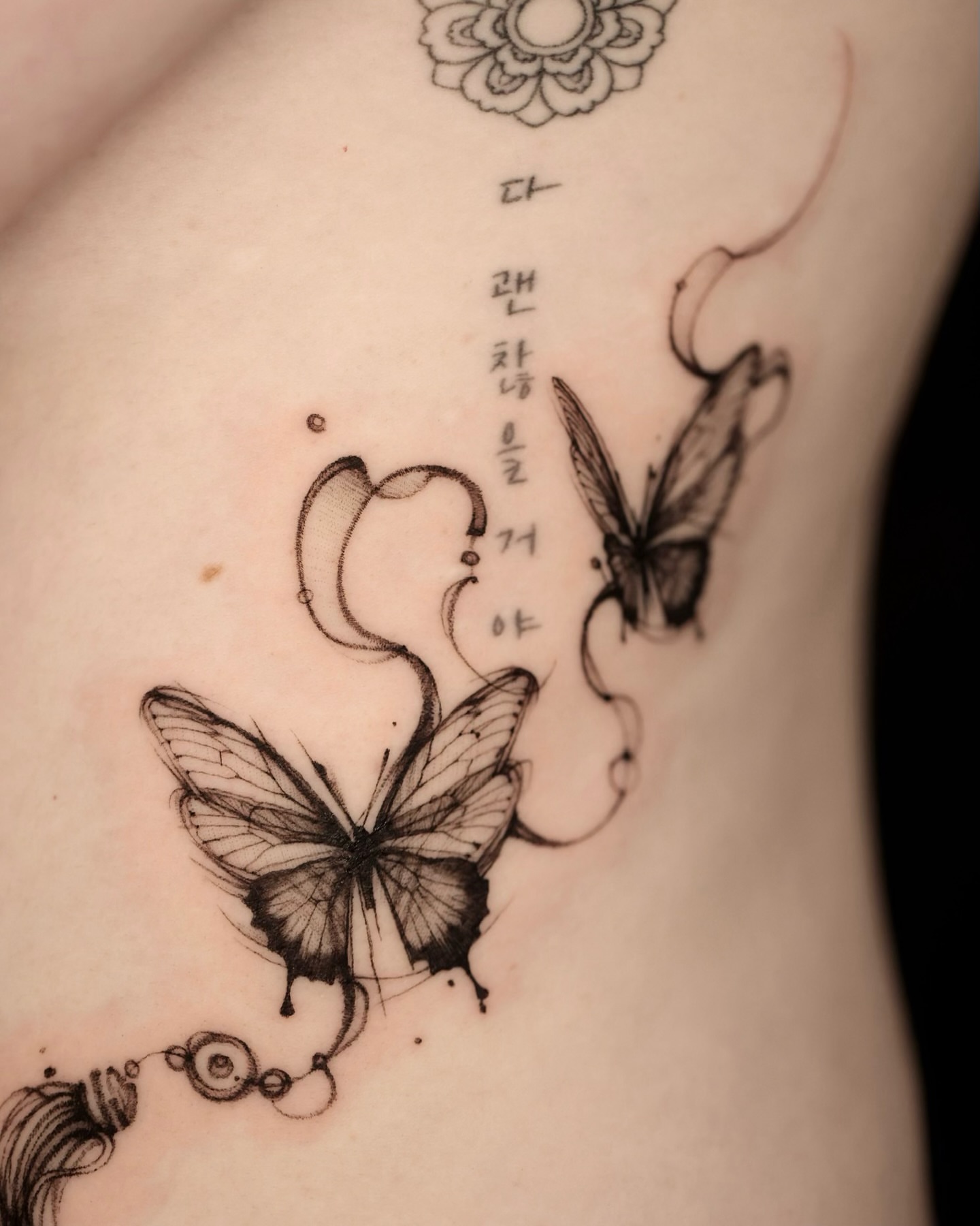 Butterfly black and grey tattoo on the ribs by @tattoo_chamsae