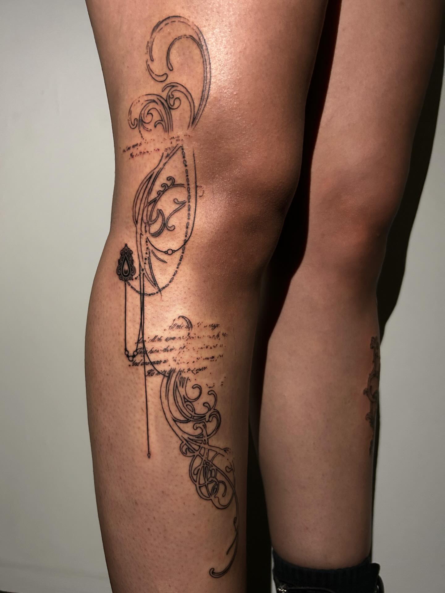 Scrollwork ornamental tattoo on the leg by ♡ hayley ♡