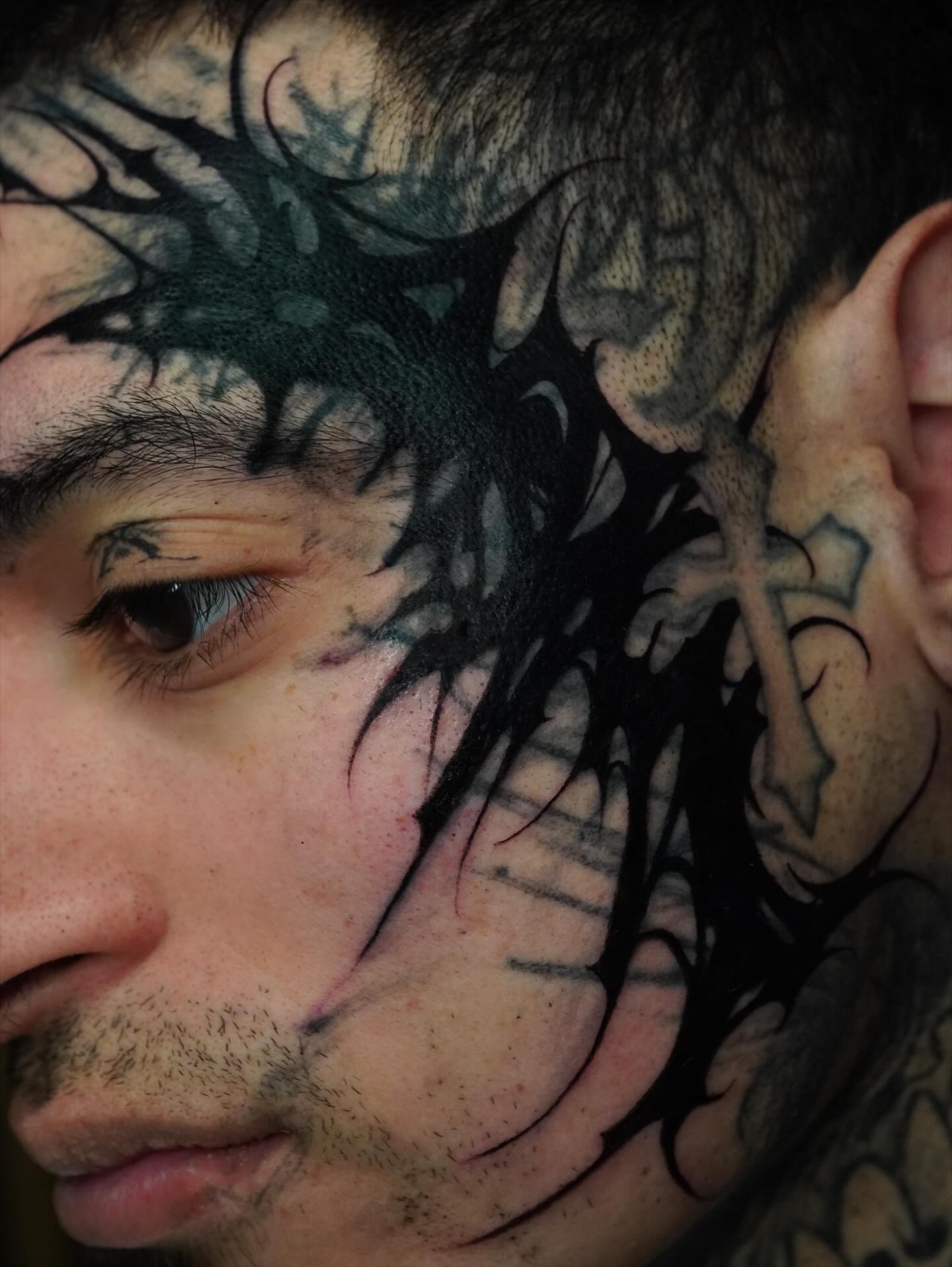Tattoo by @tatdaddyangel — blackwork, dark_realism