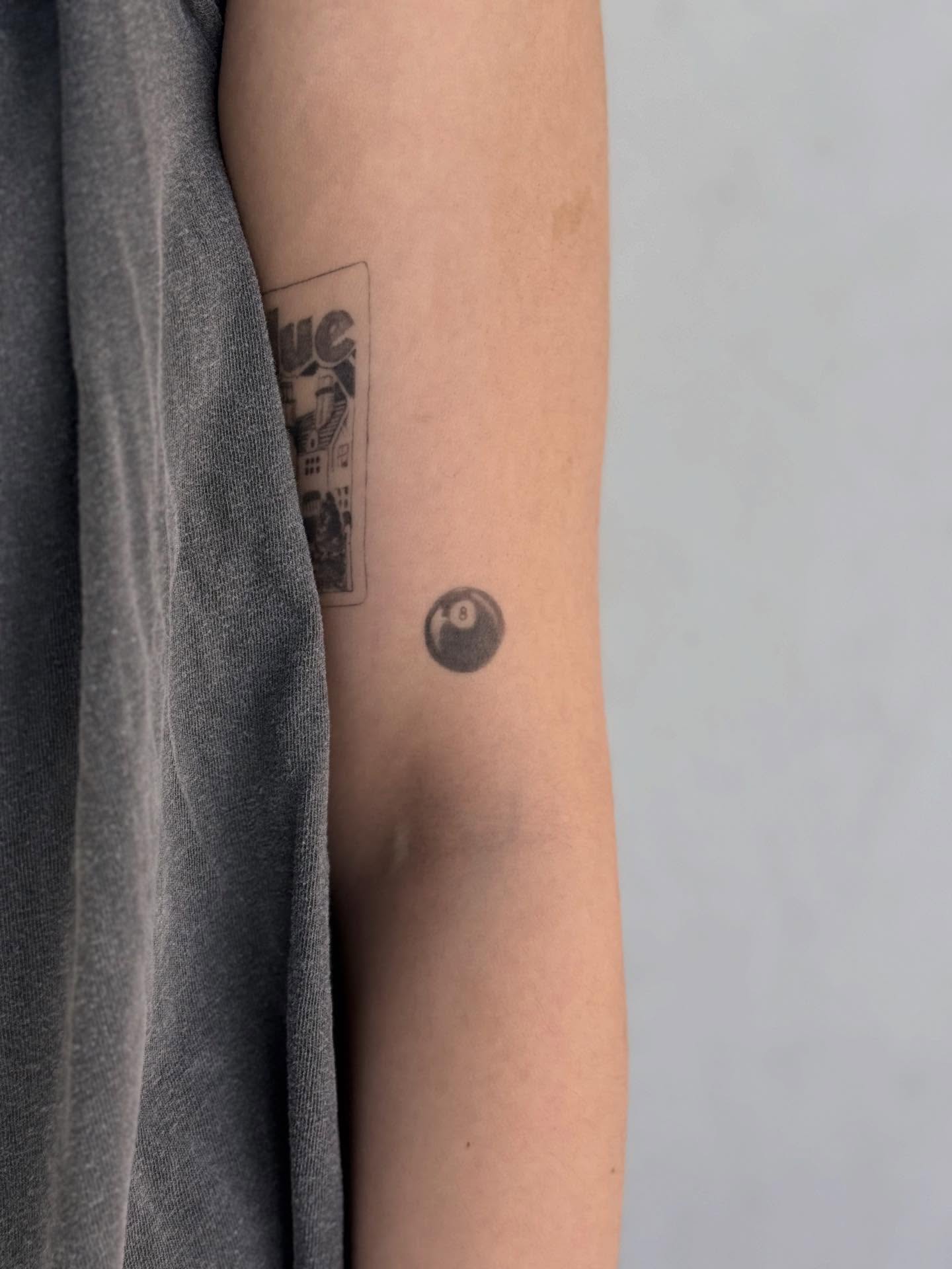 8-ball black and grey tattoo on the forearm by Karina ⋆⭒˚.⋆