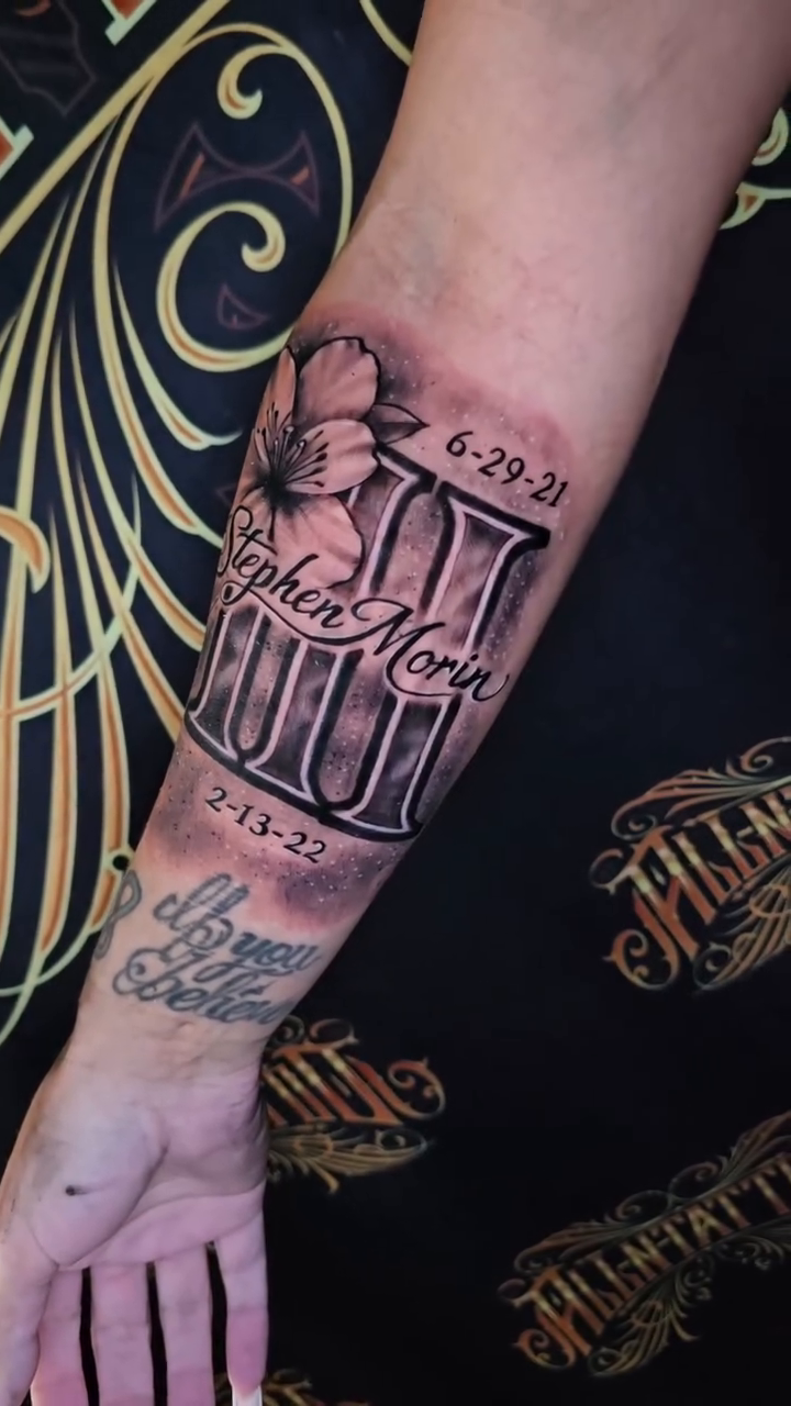 Memorial dates and names lettering script tattoo by Jesse James, Las Vegas, Nevada