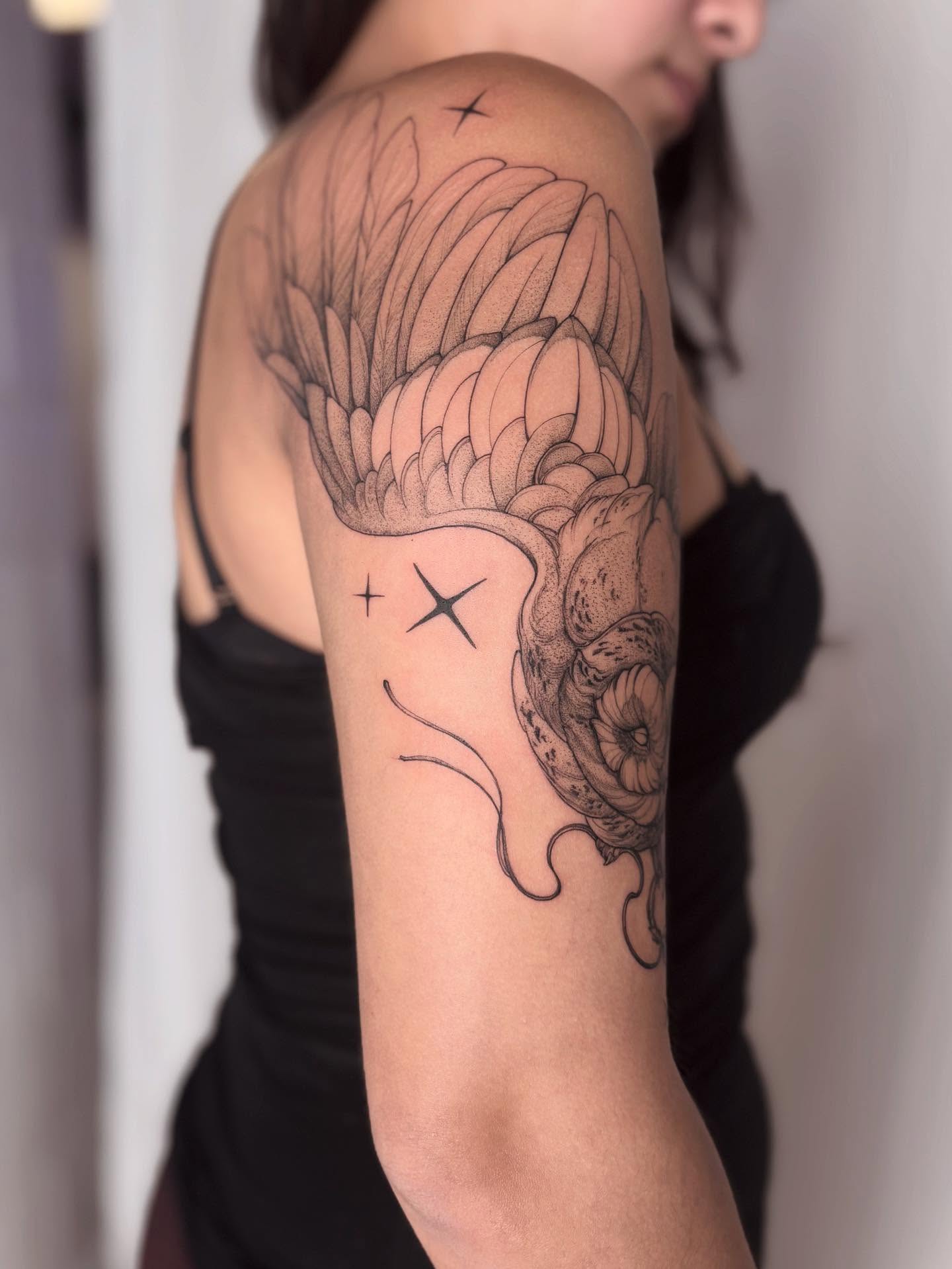 Flower and stars dotwork tattoo on the forearm by vaprol tattoo ✧ Boston