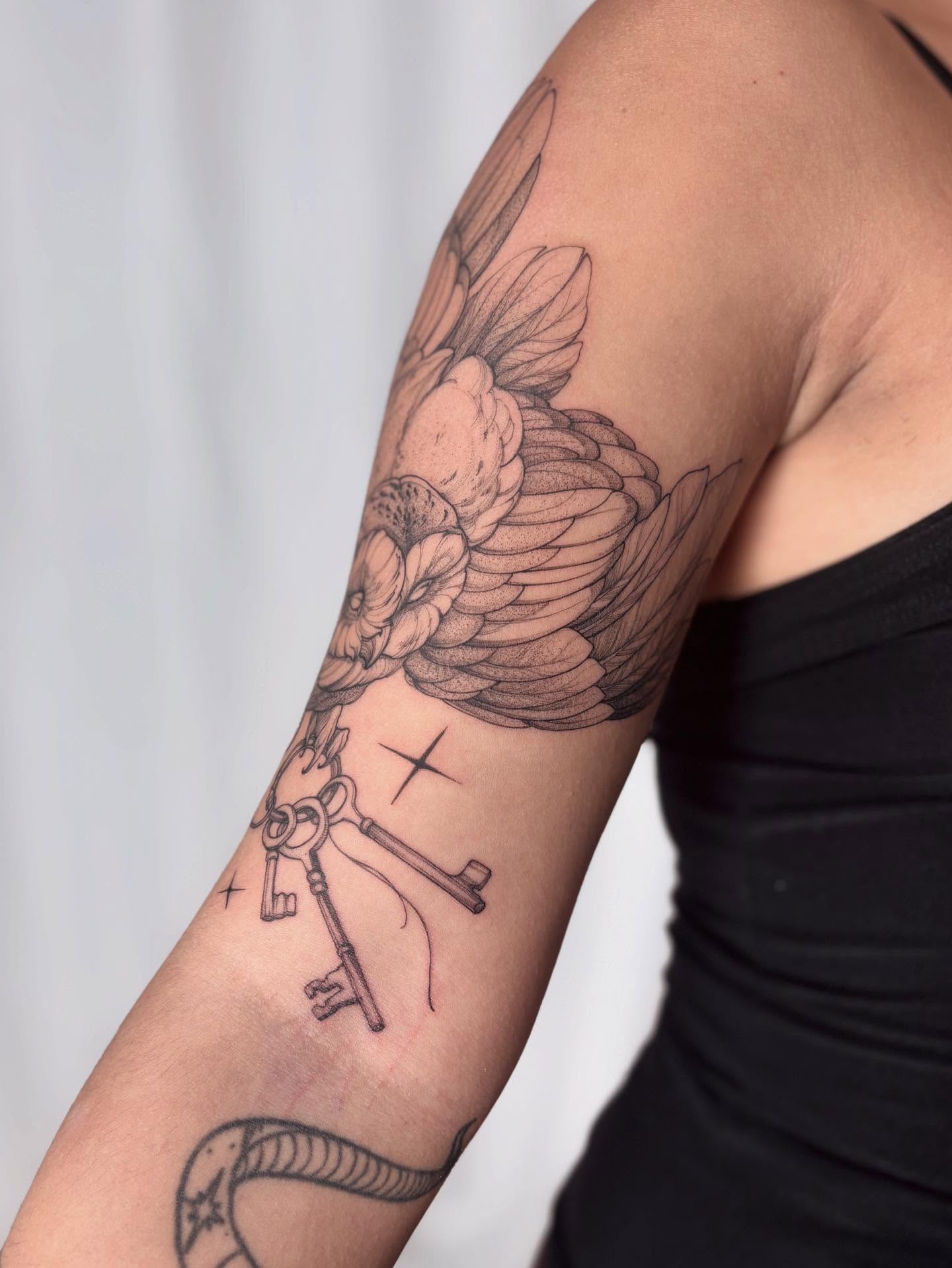 Owl and keys black and grey tattoo on the forearm by vaprol tattoo ✧ Boston