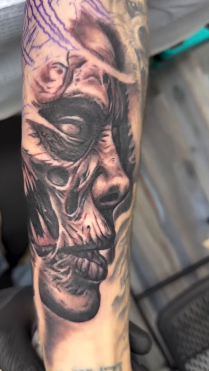 Skull dark realism tattoo by Steve Bishov
