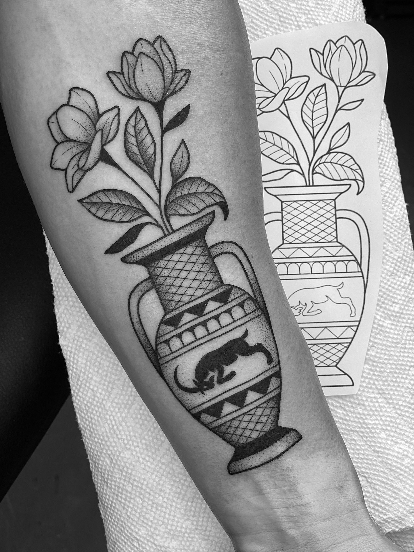 Tattoo by @clem.needlemark — dotwork, black_and_grey