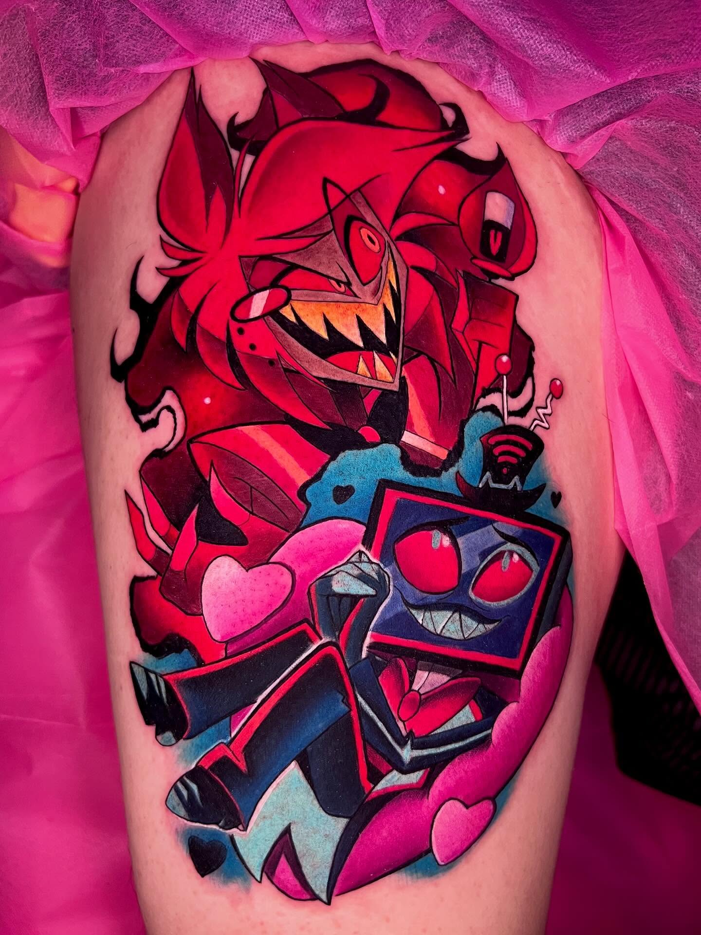 Monster and robot anime tattoo on the thigh by Kenneth Ruiz