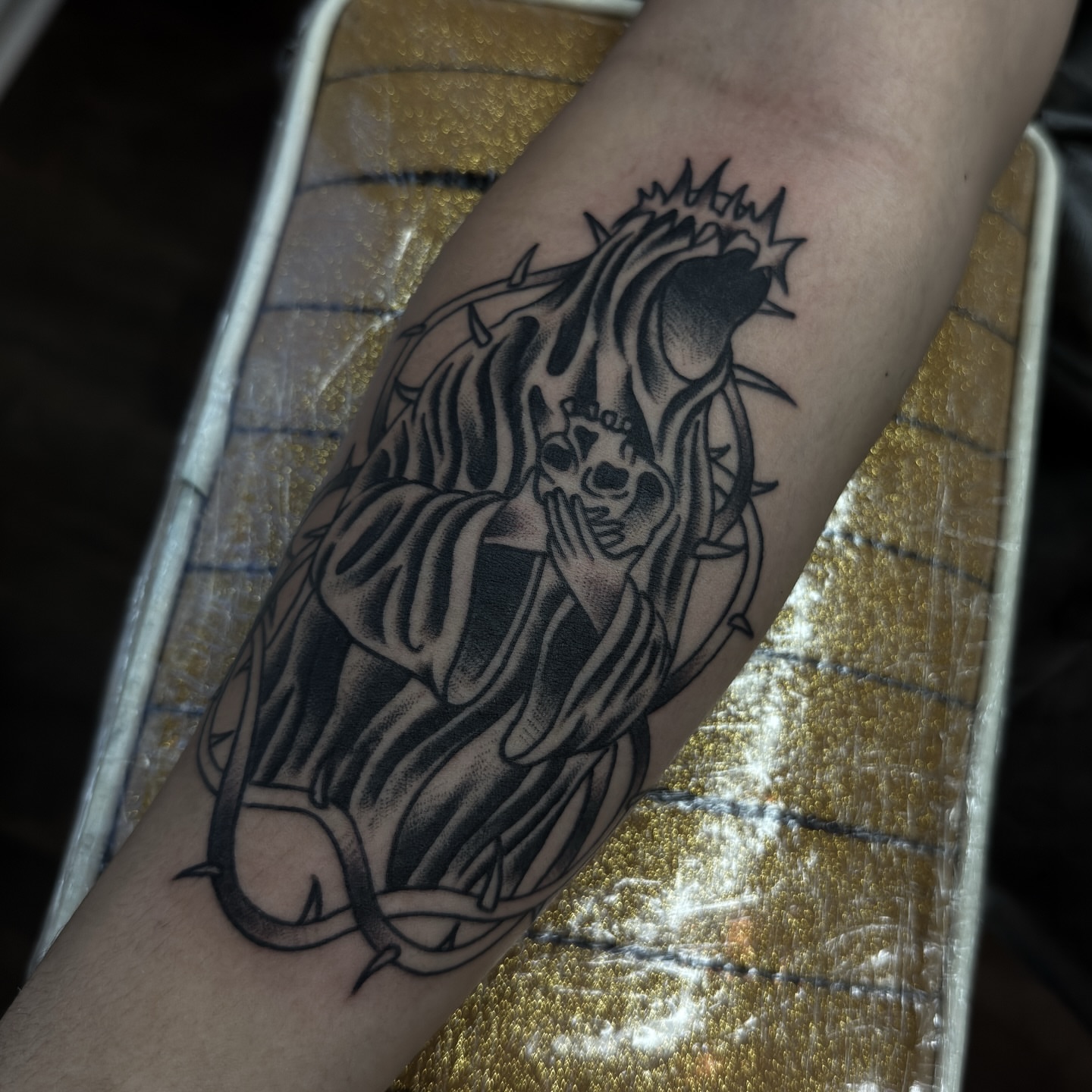 Woman with skull black and grey tattoo on the forearm by ⚔️Andreas Dolleschal⚔️