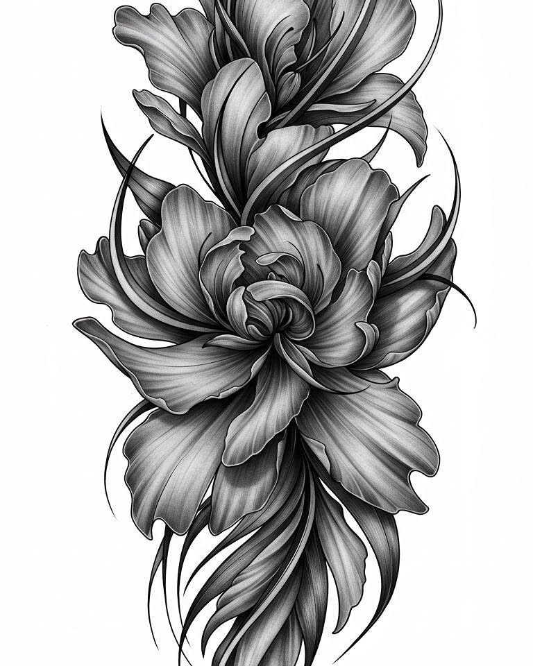 Peony black and grey tattoo on the upper arm by Tattoos by Dan Hatcher Carr, Parma, Ohio