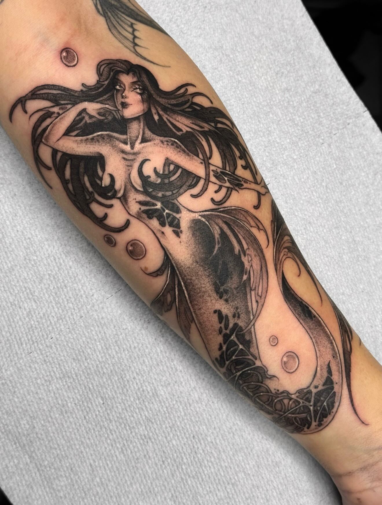 Mermaid black and grey tattoo on the forearm by ☠︎ Mikayla Benson  ☠︎