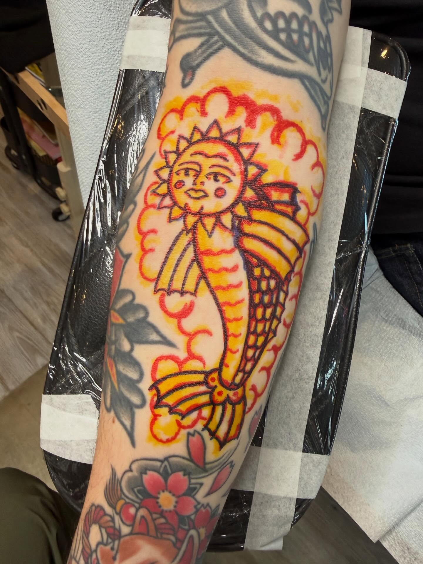 Sun mermaid American traditional tattoo on the forearm by Collin Rigsby, Minneapolis, Minnesota