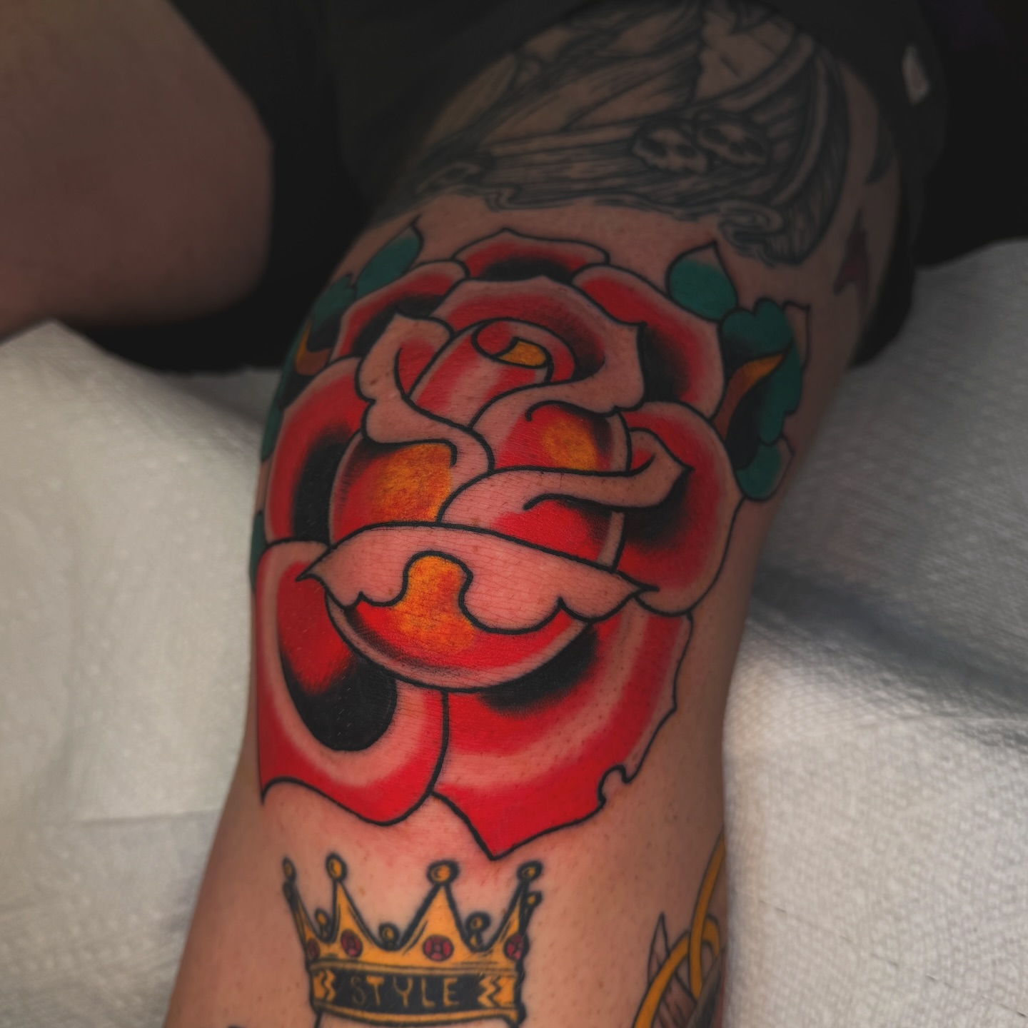 Red rose American traditional tattoo on the forearm by Liz Mercer ★ Tattooer - Raleigh NC