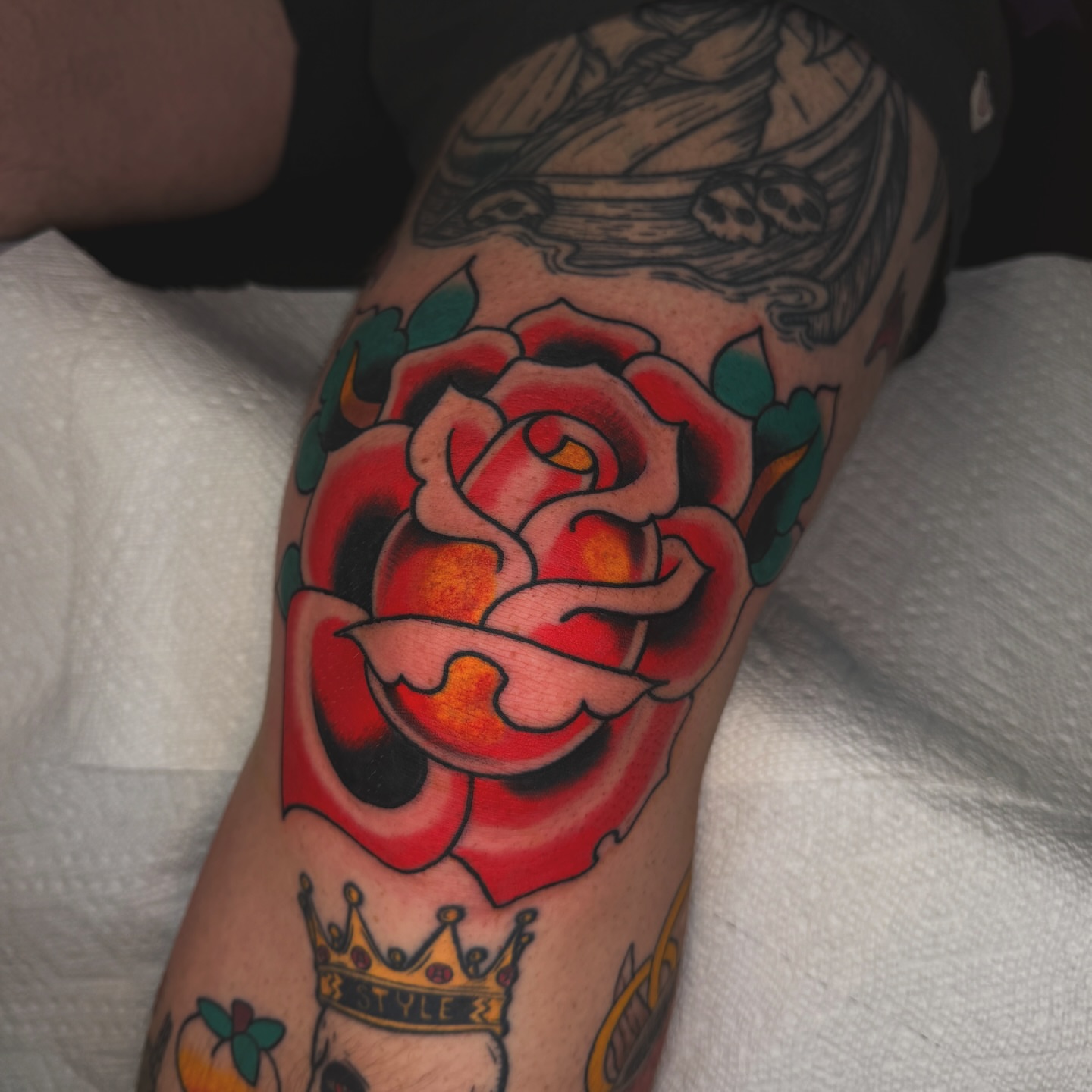 Red rose American traditional tattoo on the forearm by Liz Mercer ★ Tattooer - Raleigh NC