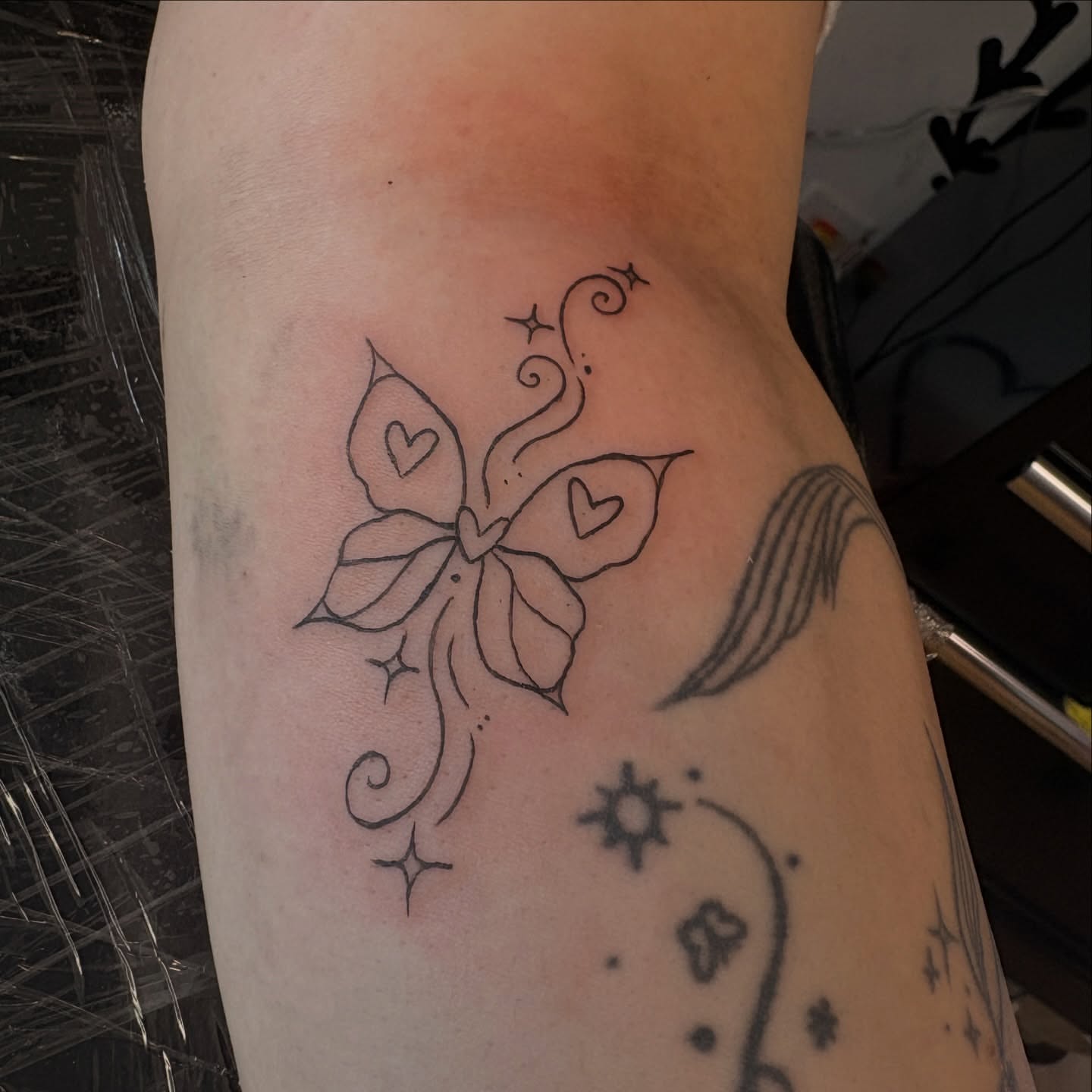 Butterfly fine line tattoo on the forearm by Emma🌸✨Austin Tattoo Artist