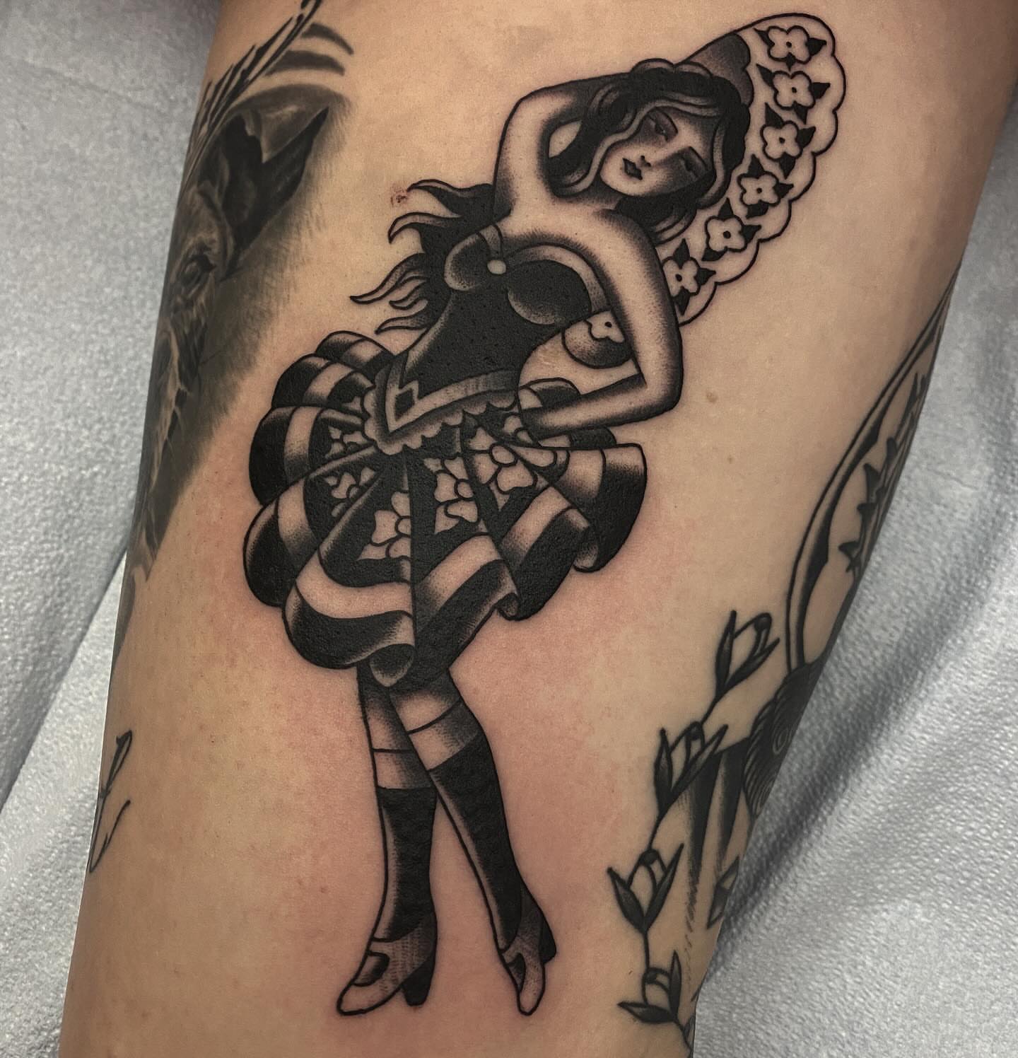 Dancer American traditional tattoo on the forearm by Abby Rose Estes
