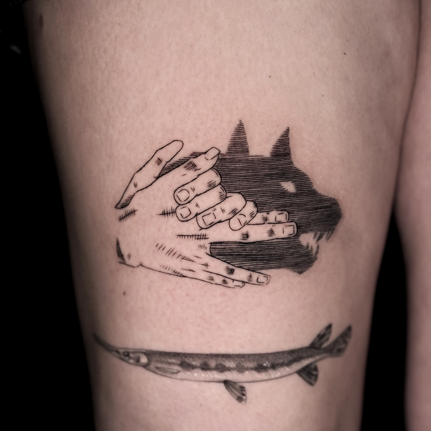Hands and wolf realism tattoo on the forearm by Amanda