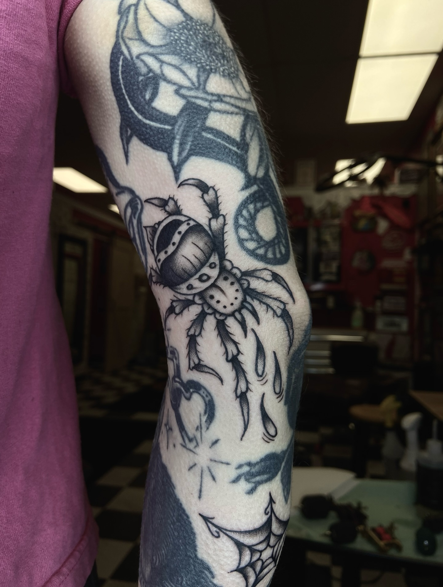 Spider American traditional tattoo on the forearm by R y a n S m i t h