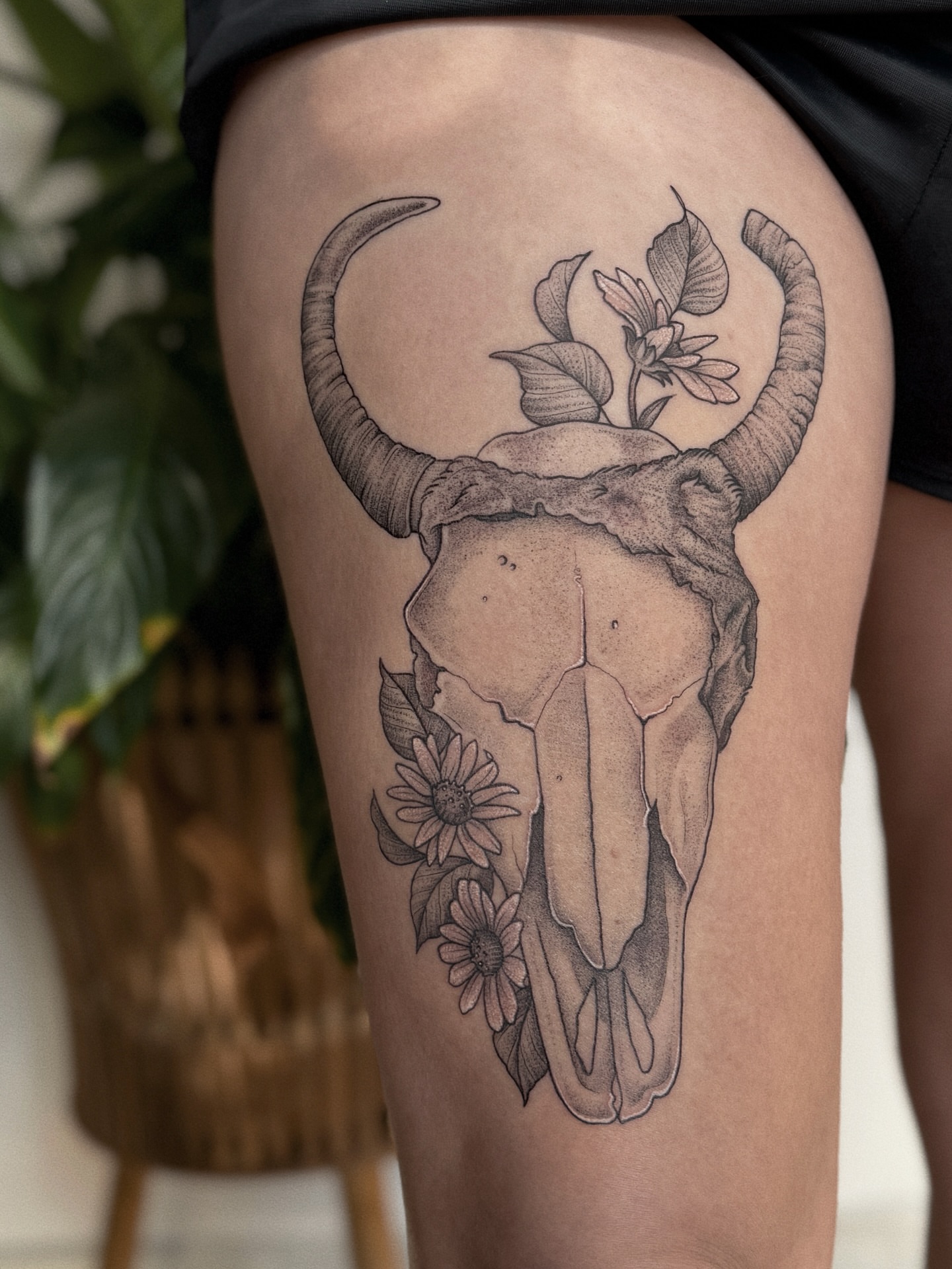 Bull skull with flowers dotwork tattoo on the thigh by 𝕵𝖊𝖘𝖘𝖎𝖈𝖆 𝕰𝖑 (raleigh tattoo artist)