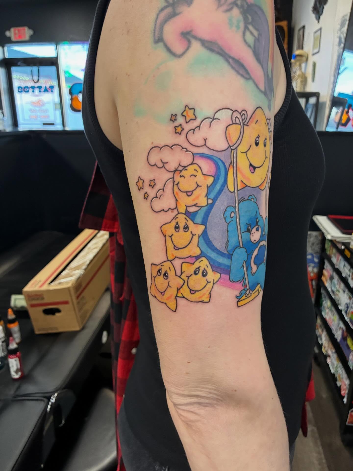Care bears dotwork tattoo on the forearm by Hit & Run Tattoo, Dayton, Ohio