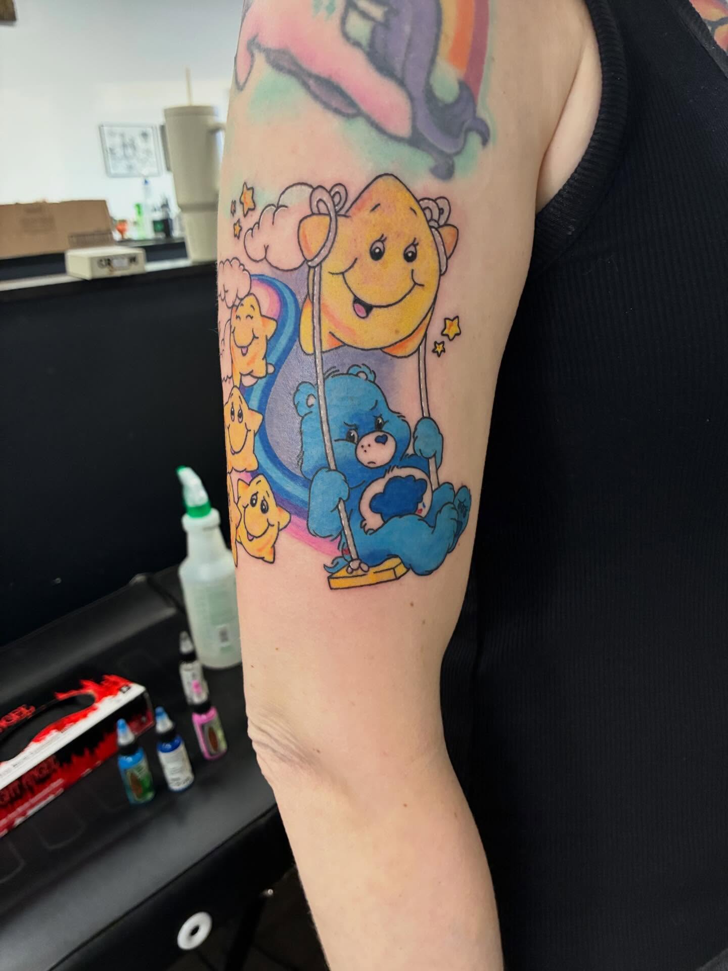 Care bears dotwork tattoo on the forearm by Hit & Run Tattoo, Dayton, Ohio