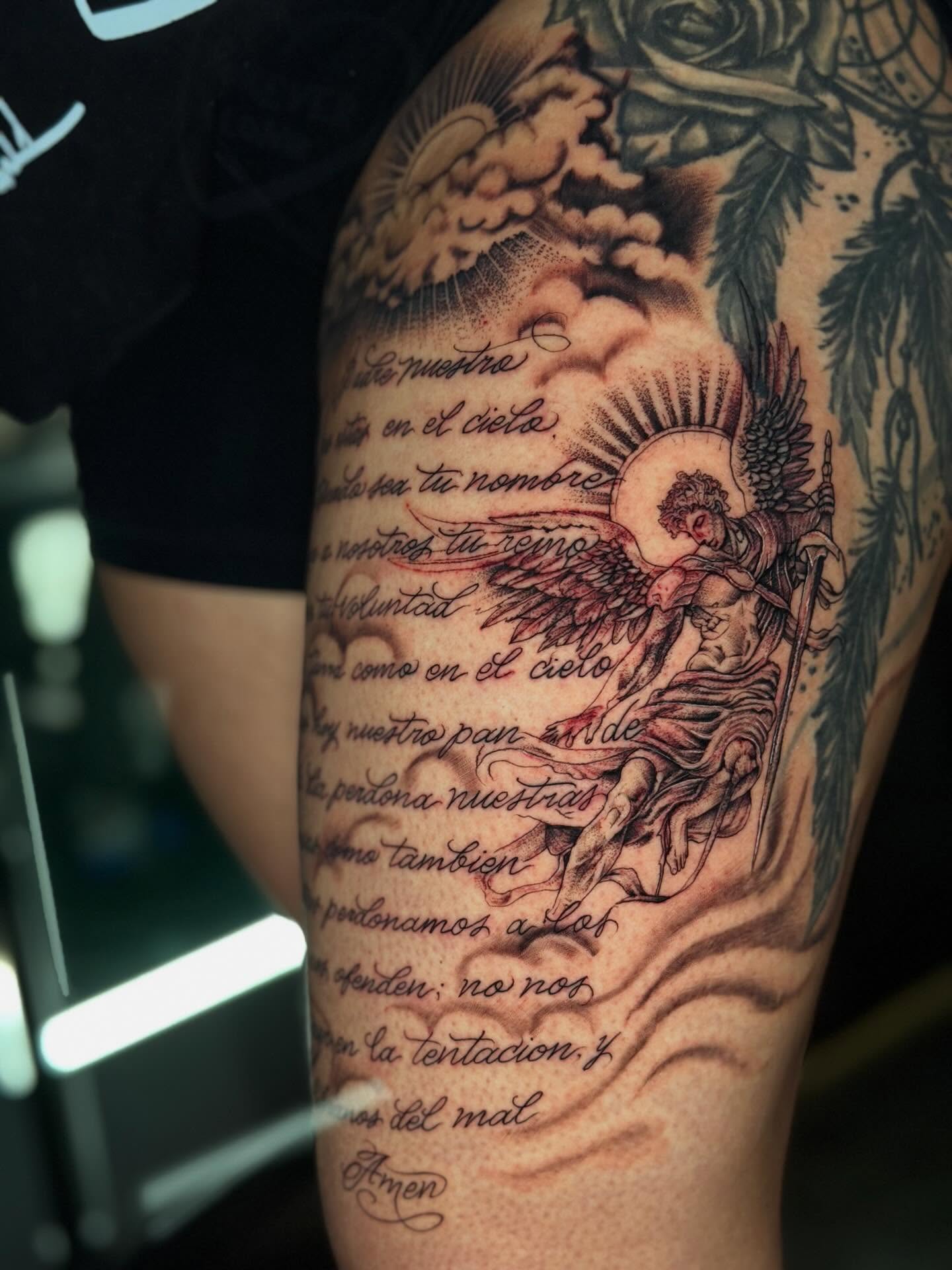 Lord's Prayer realism tattoo on the forearm by Dany