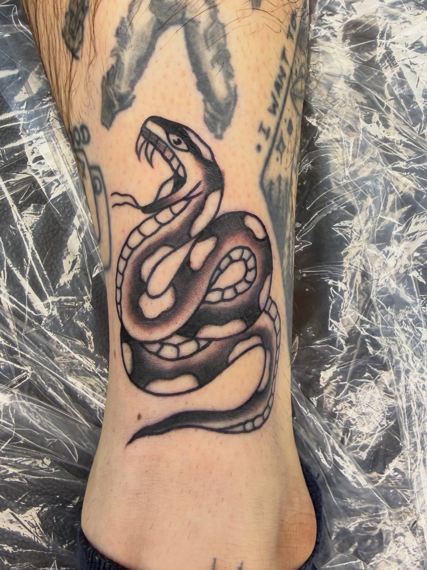 Snake black and grey tattoo on the forearm by @chrisskon, Carpentersville, Illinois